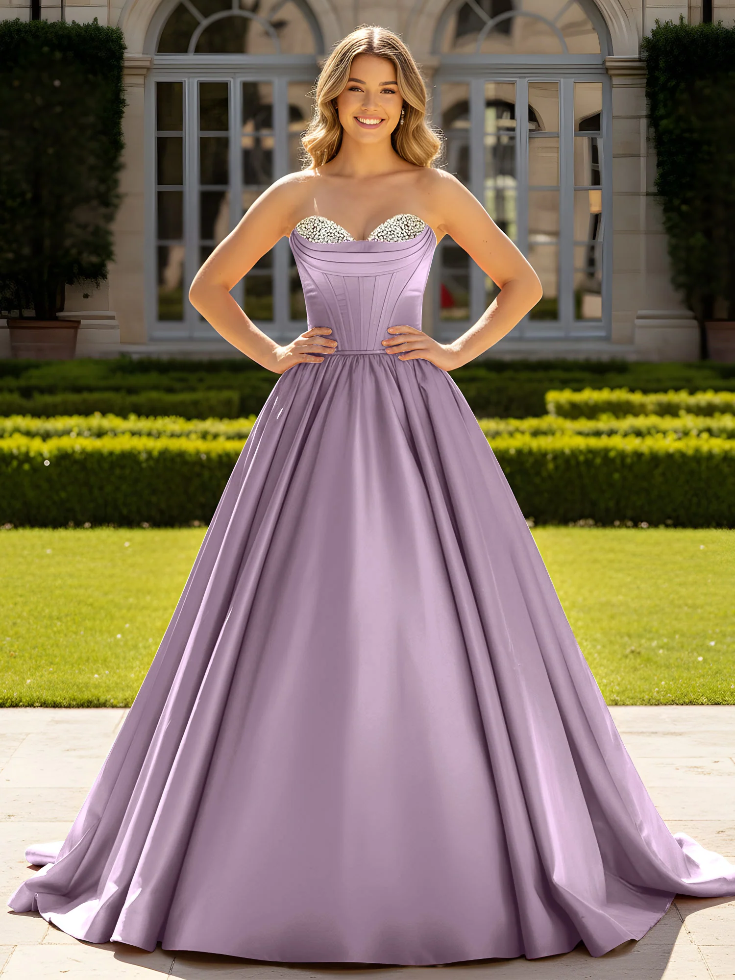 Strapless Satin Ball Gown with Crystal Bustier Detail Wisteria