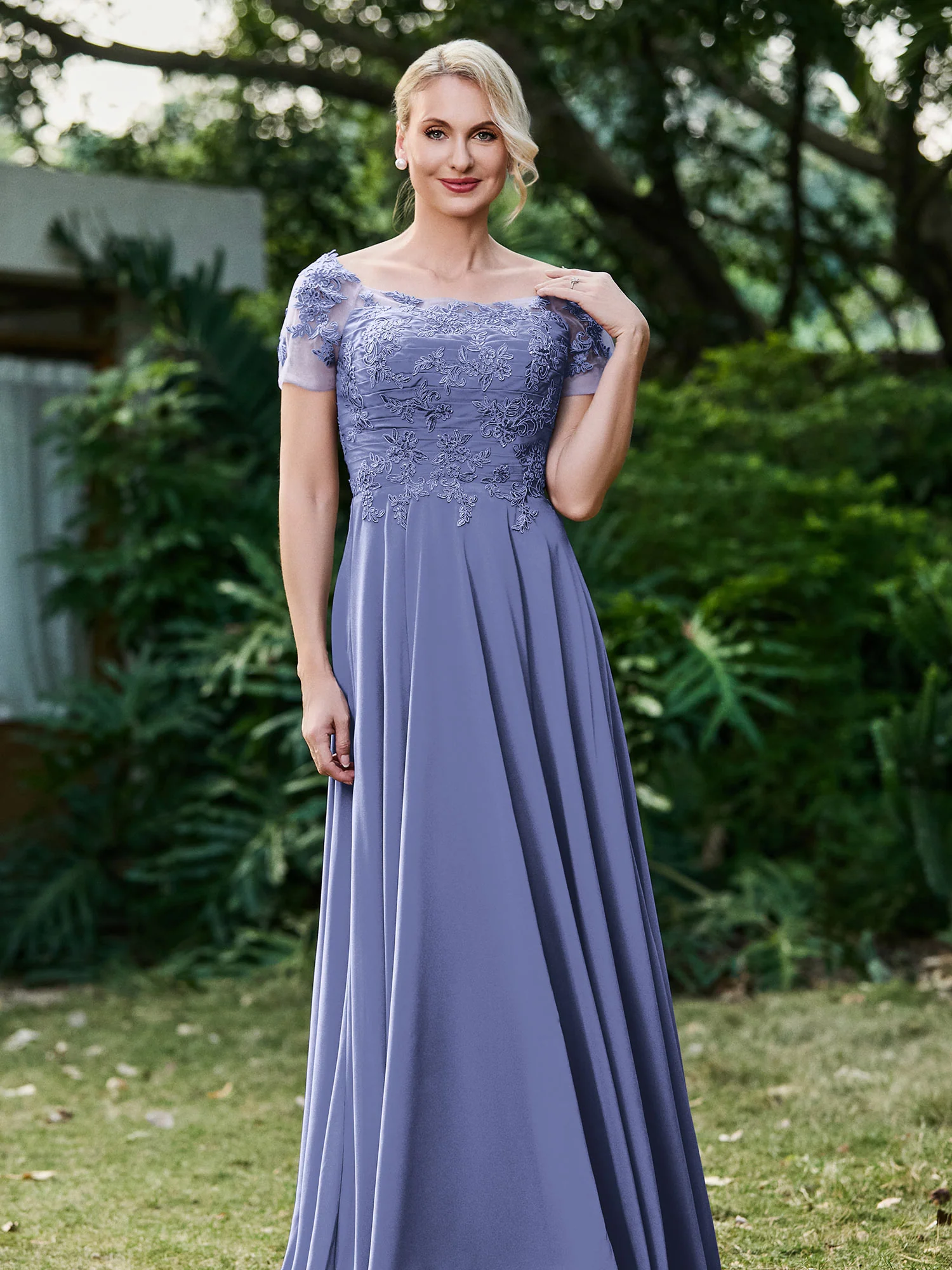 Flower Appliqued Chiffon Dress with Pleated Periwinkle
