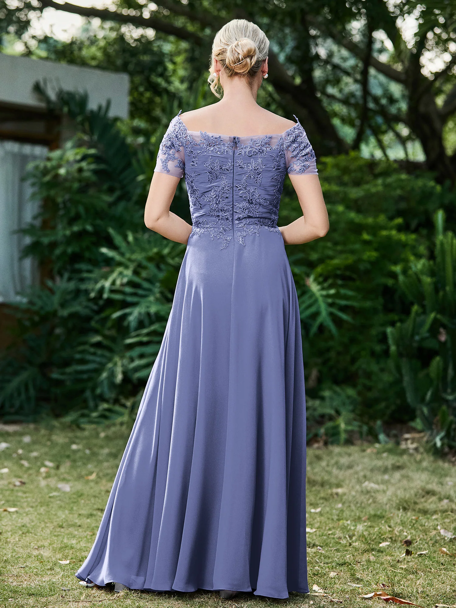 Flower Appliqued Chiffon Dress with Pleated Periwinkle - Image 2
