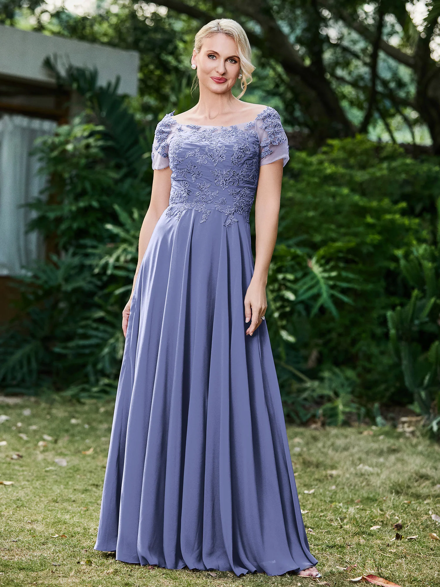 Flower Appliqued Chiffon Dress with Pleated Periwinkle - Image 3
