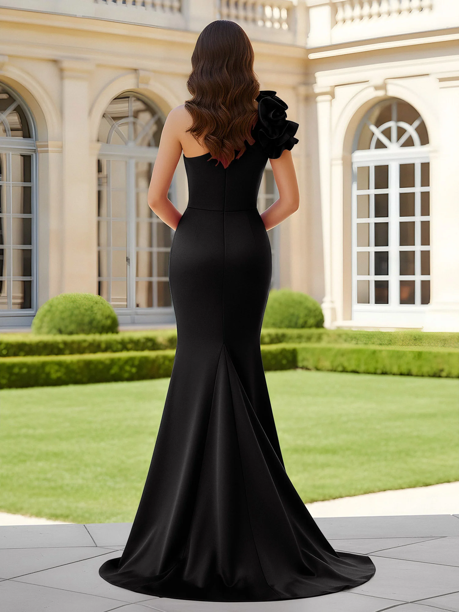 Flower One Shoulder Pleated Mermaid Dress With Slit Black - Image 2