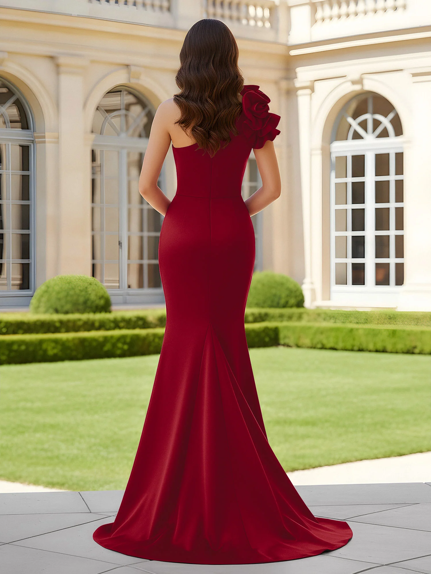 Flower One Shoulder Pleated Mermaid Dress With Slit Burgundy - Image 2