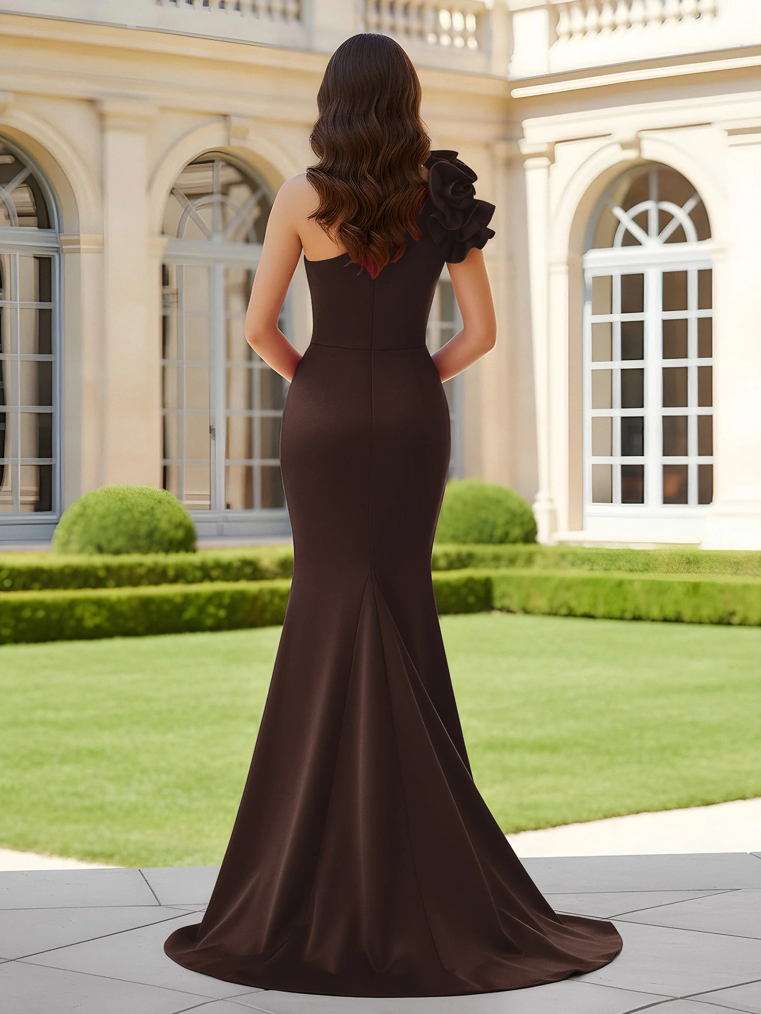 Flower One Shoulder Pleated Mermaid Dress With Slit Chocolate - Image 2