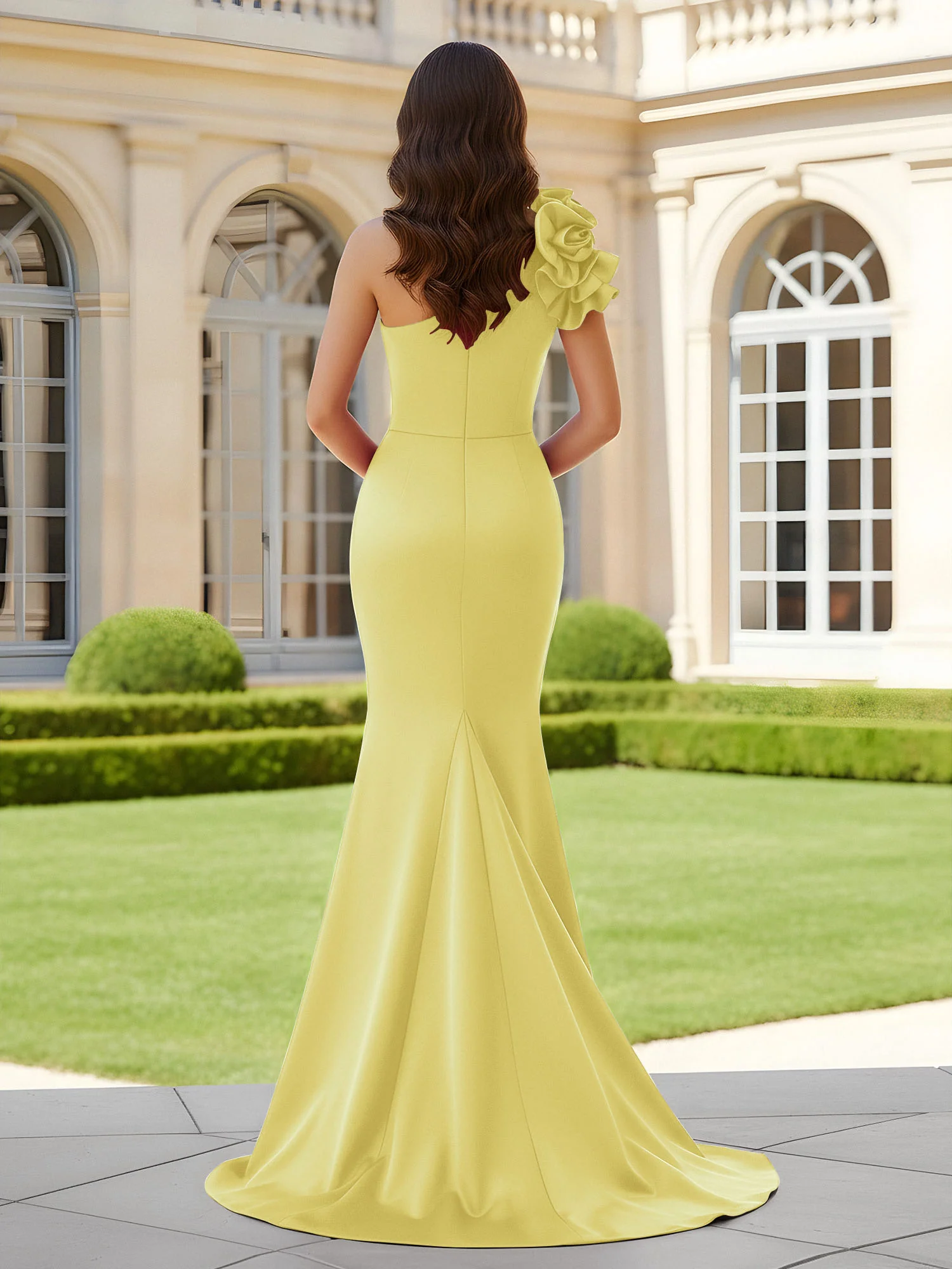 Flower One Shoulder Pleated Mermaid Dress With Slit Daffodil - Image 2