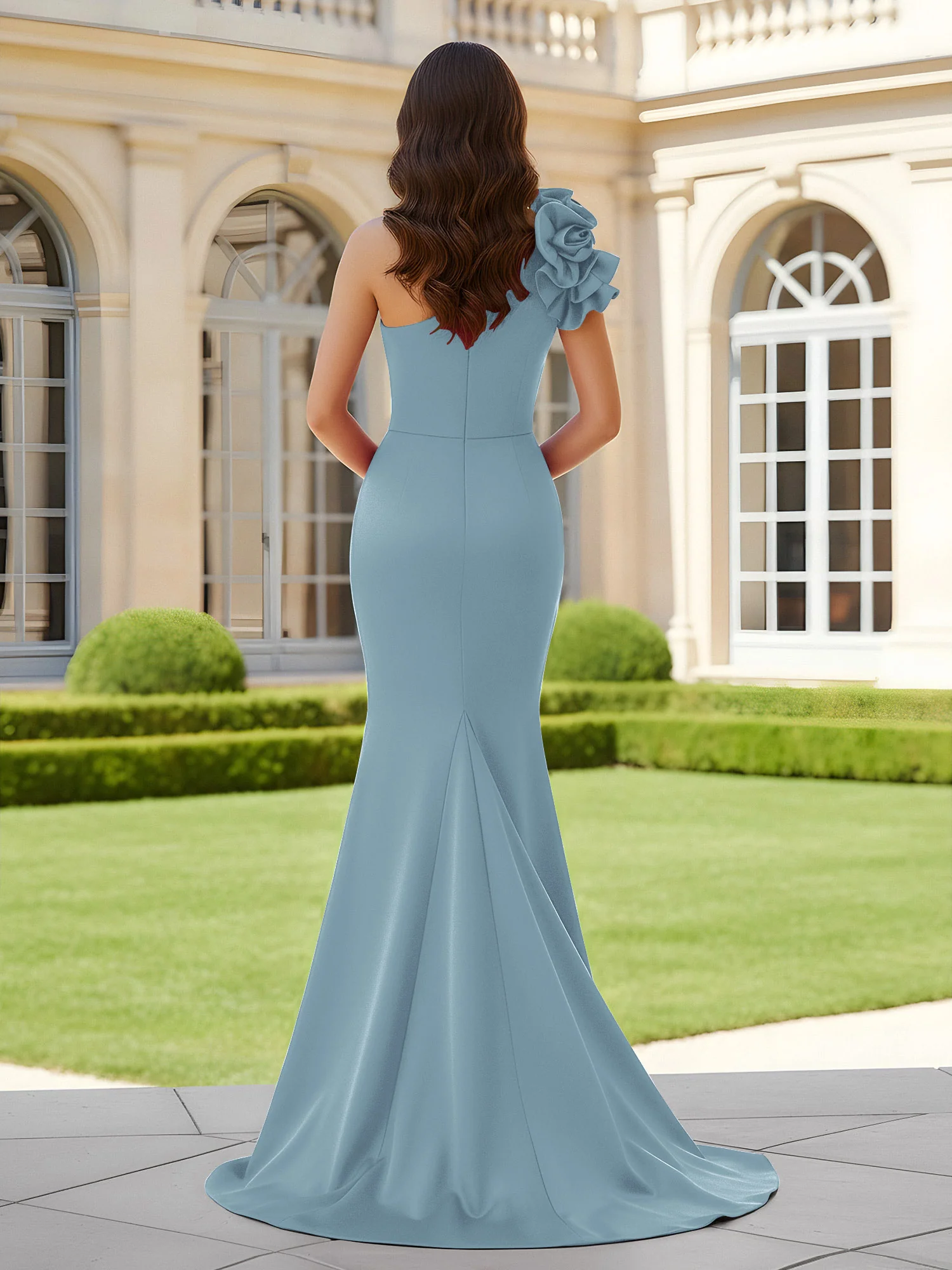 Flower One Shoulder Pleated Mermaid Dress With Slit Dusty Blue - Image 2