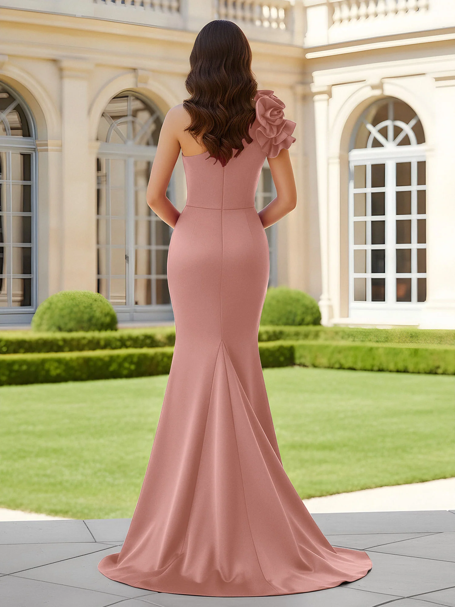 Flower One Shoulder Pleated Mermaid Dress With Slit Dusty Rose - Image 2