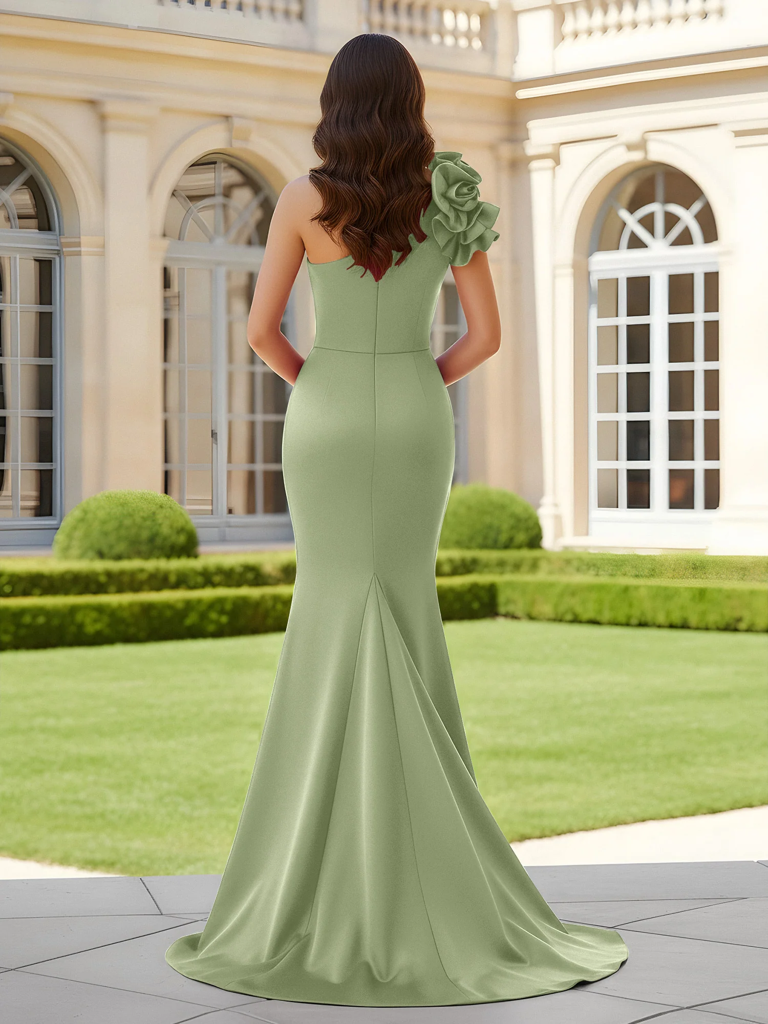 Flower One Shoulder Pleated Mermaid Dress With Slit Dusty Sage - Image 2