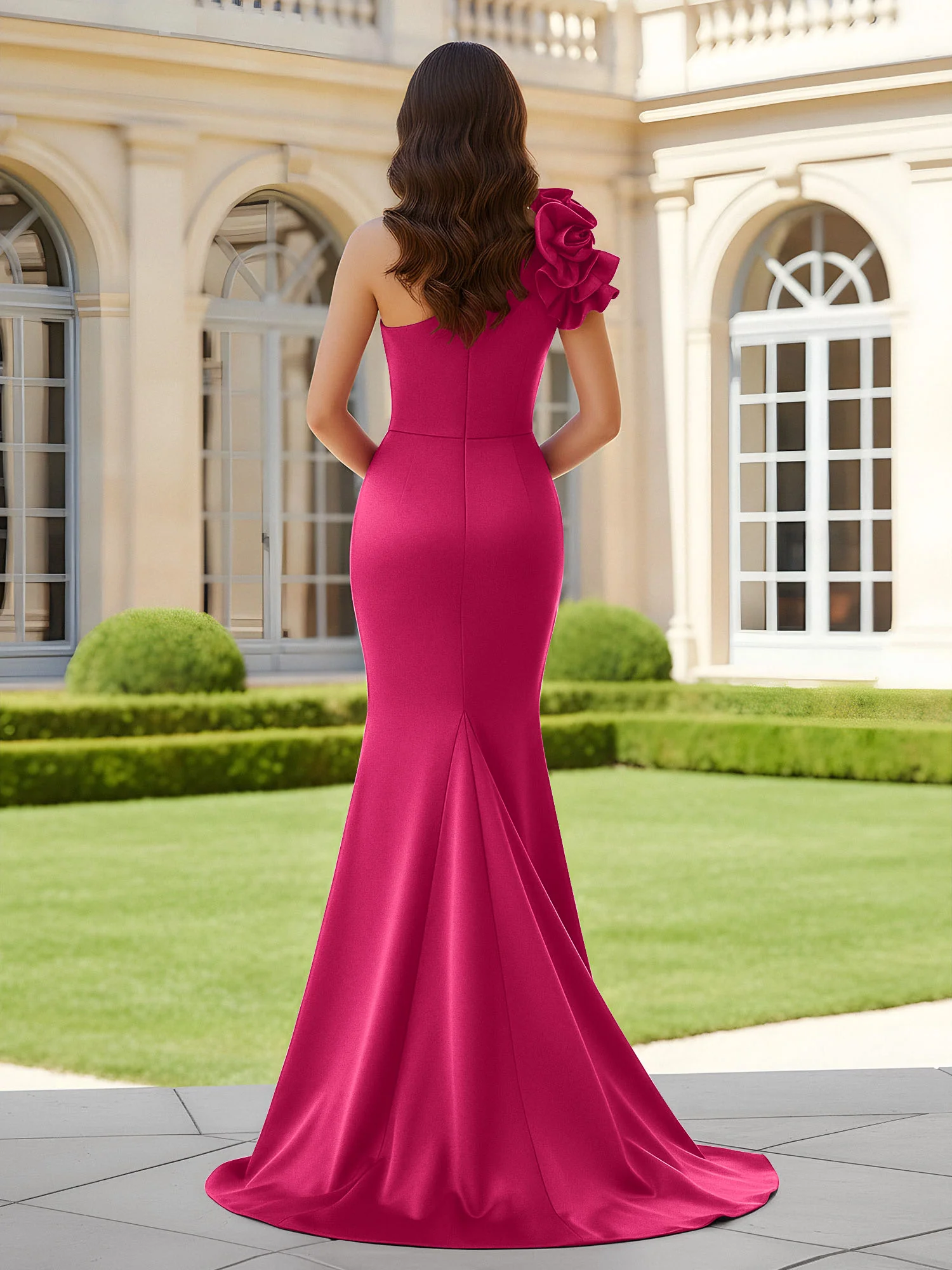 Flower One Shoulder Pleated Mermaid Dress With Slit Fuchsia - Image 2