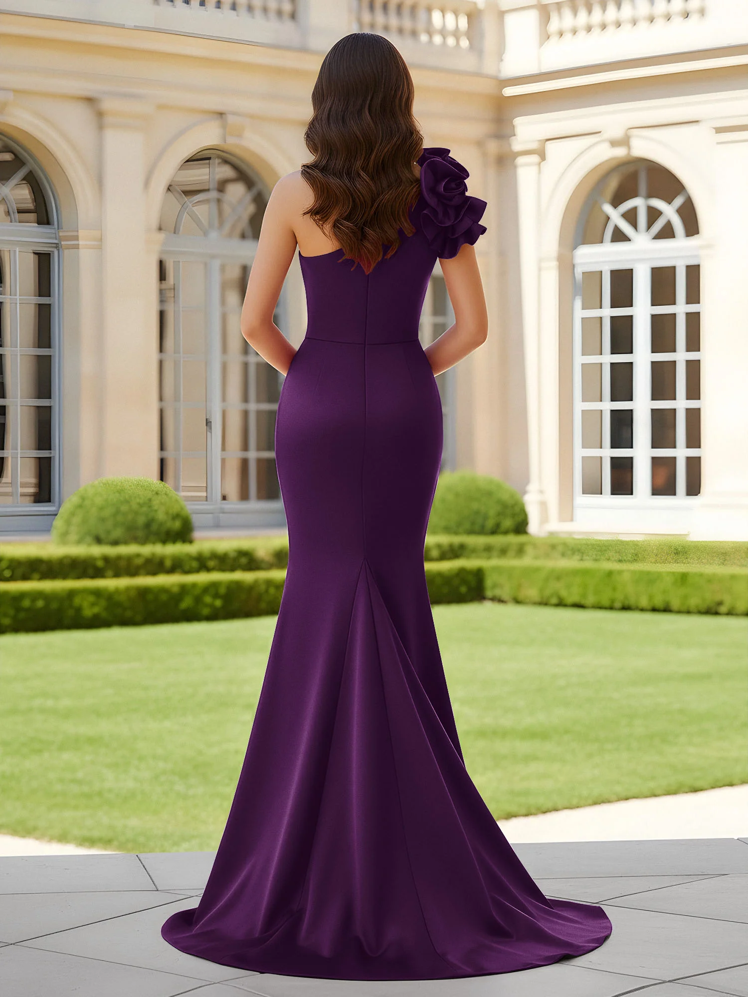 Flower One Shoulder Pleated Mermaid Dress With Slit Grape - Image 2