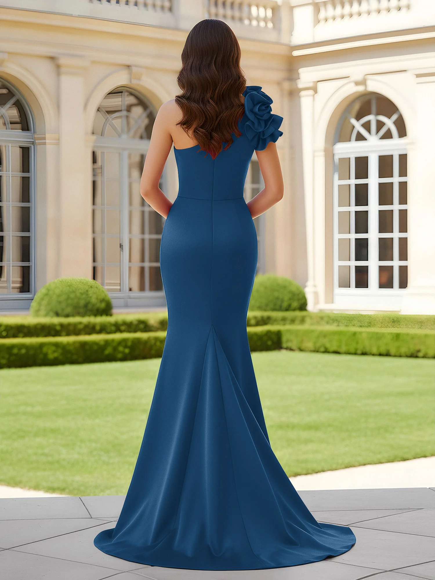 Flower One Shoulder Pleated Mermaid Dress With Slit Ink Blue - Image 2