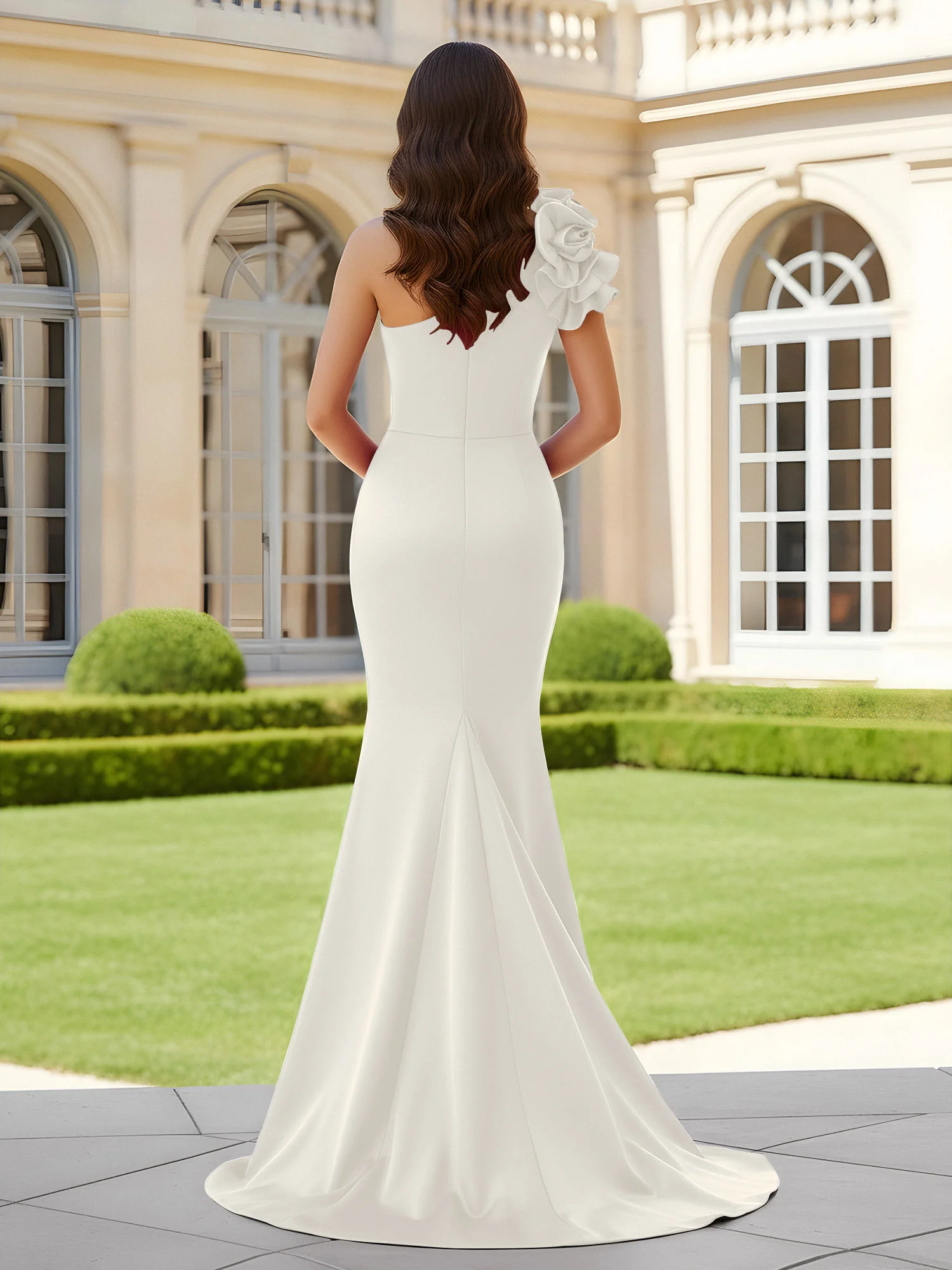 Flower One Shoulder Pleated Mermaid Dress With Slit Ivory - Image 2