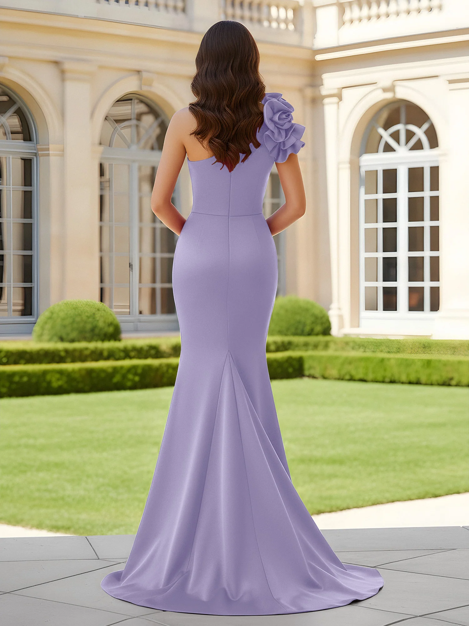 Flower One Shoulder Pleated Mermaid Dress With Slit Lavender - Image 2
