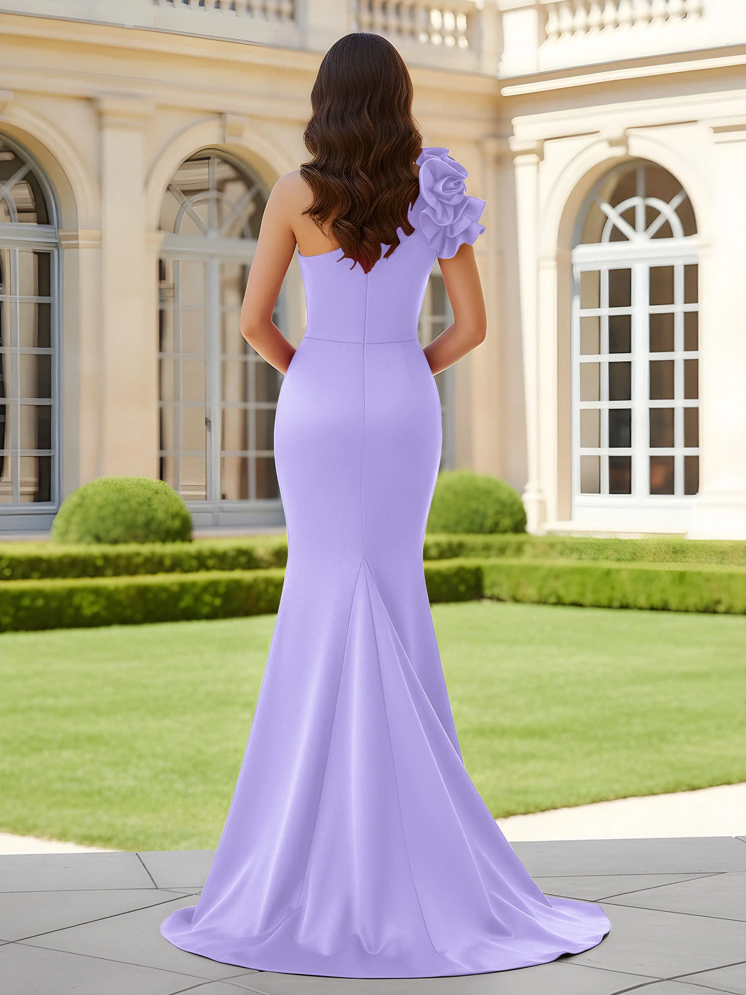 Flower One Shoulder Pleated Mermaid Dress With Slit Lilac - Image 2