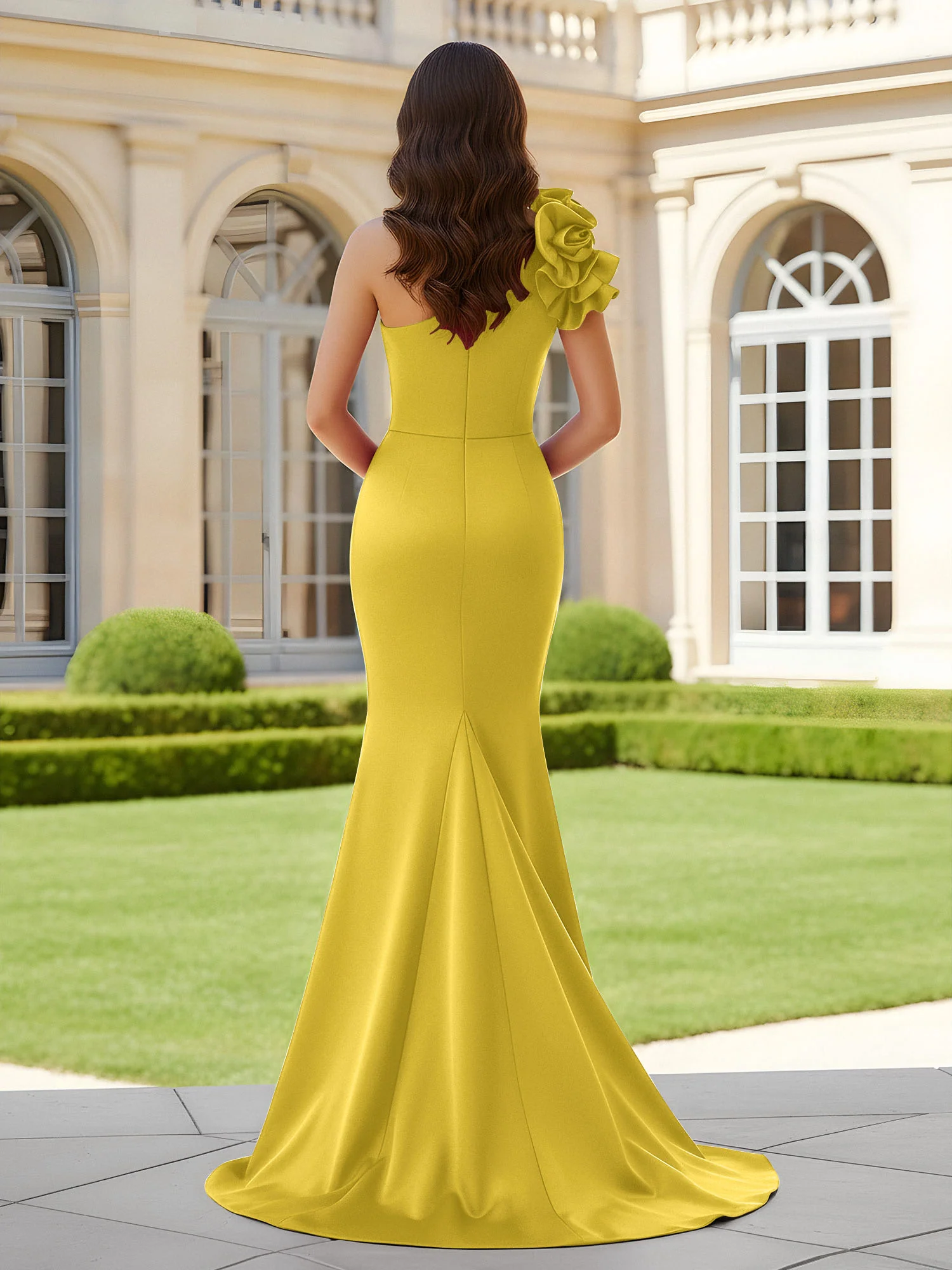 Flower One Shoulder Pleated Mermaid Dress With Slit Marigold - Image 2