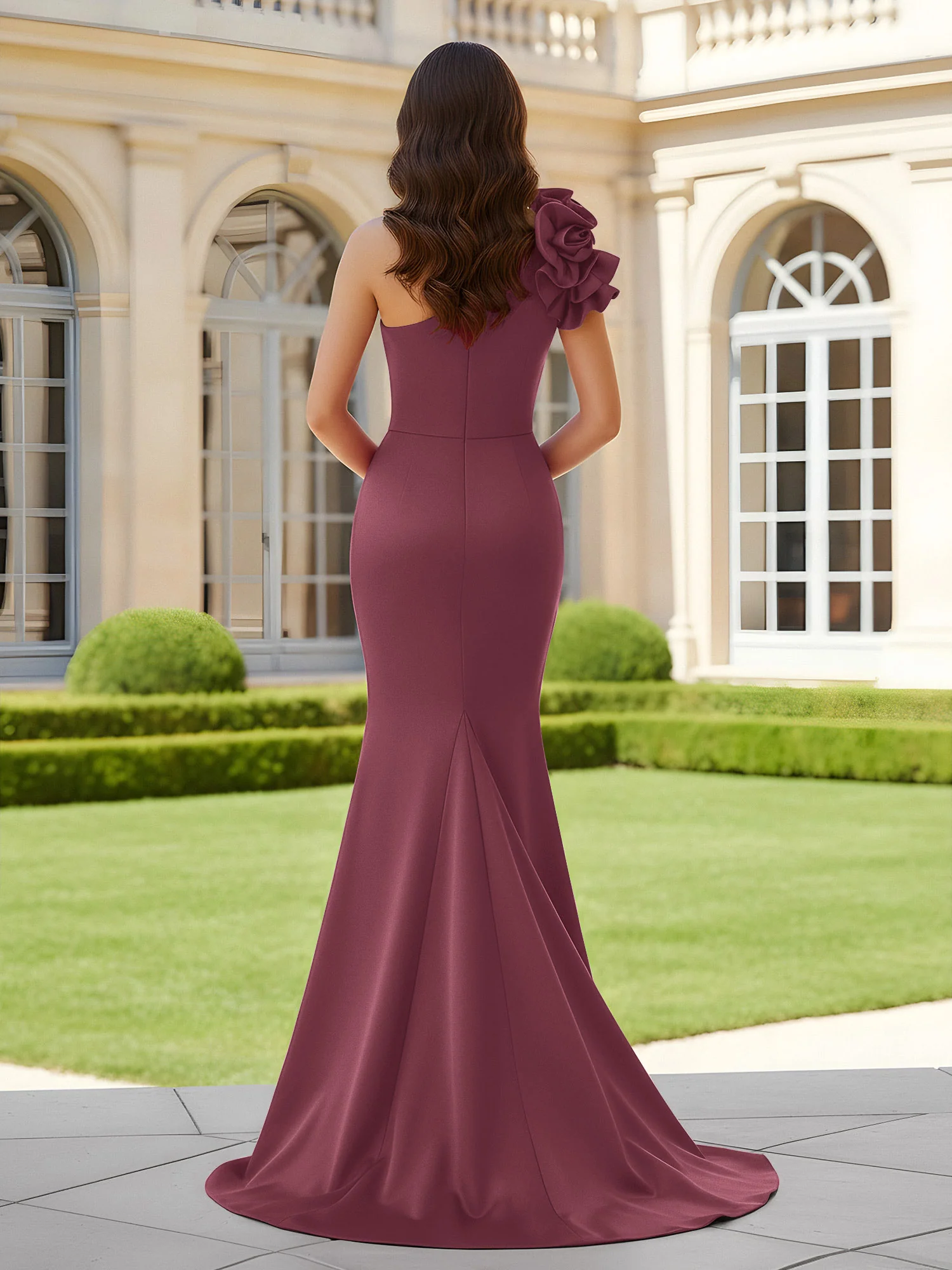 Flower One Shoulder Pleated Mermaid Dress With Slit Mulberry - Image 2