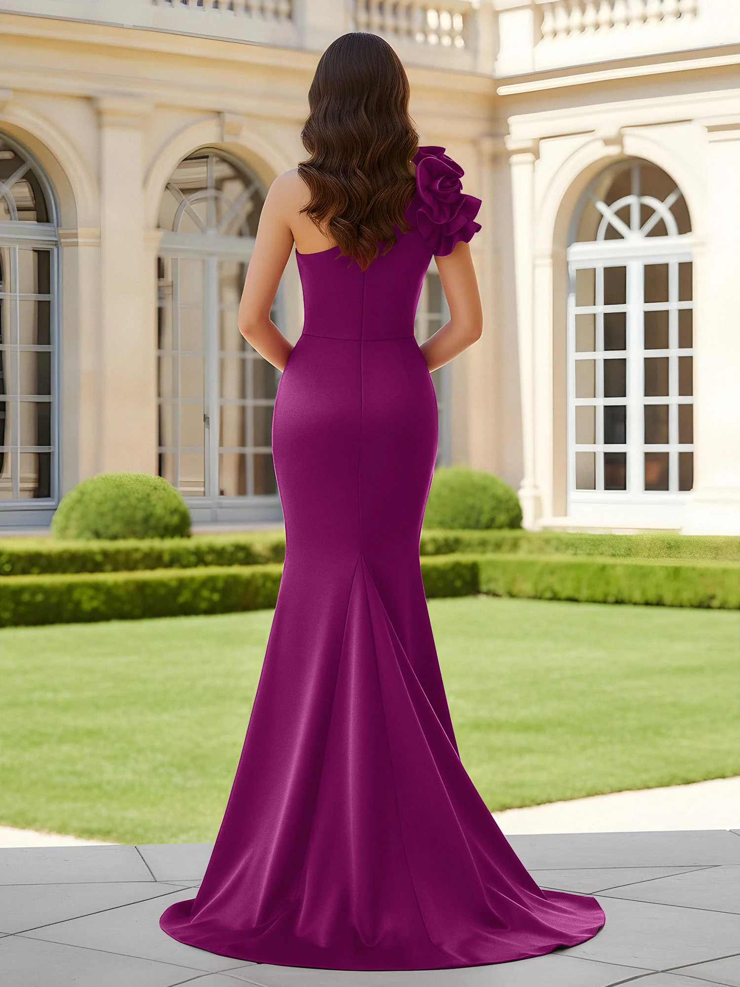 Flower One Shoulder Pleated Mermaid Dress With Slit Orchid - Image 2
