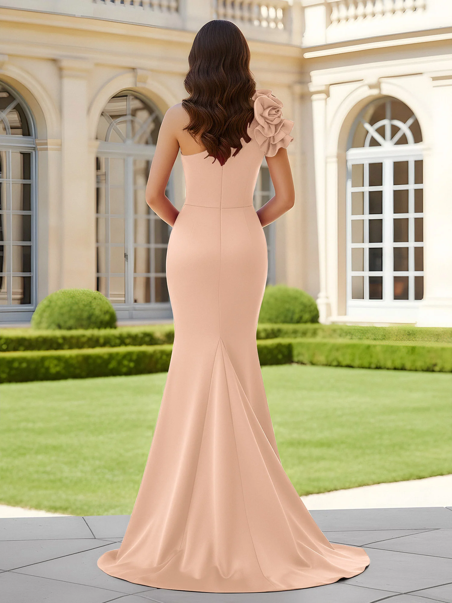 Flower One Shoulder Pleated Mermaid Dress With Slit Peach - Image 2