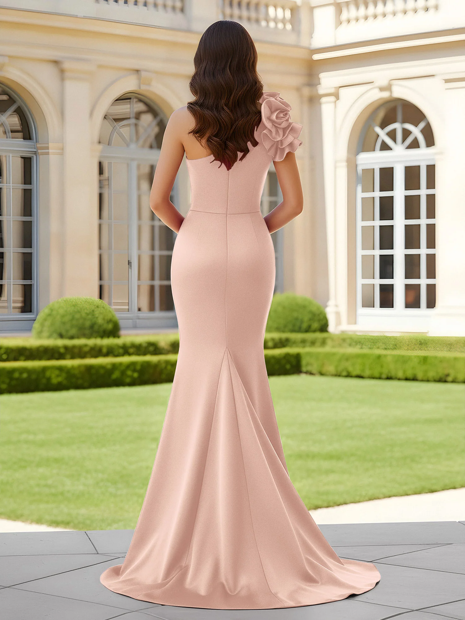 Flower One Shoulder Pleated Mermaid Dress With Slit Pearl Pink - Image 2