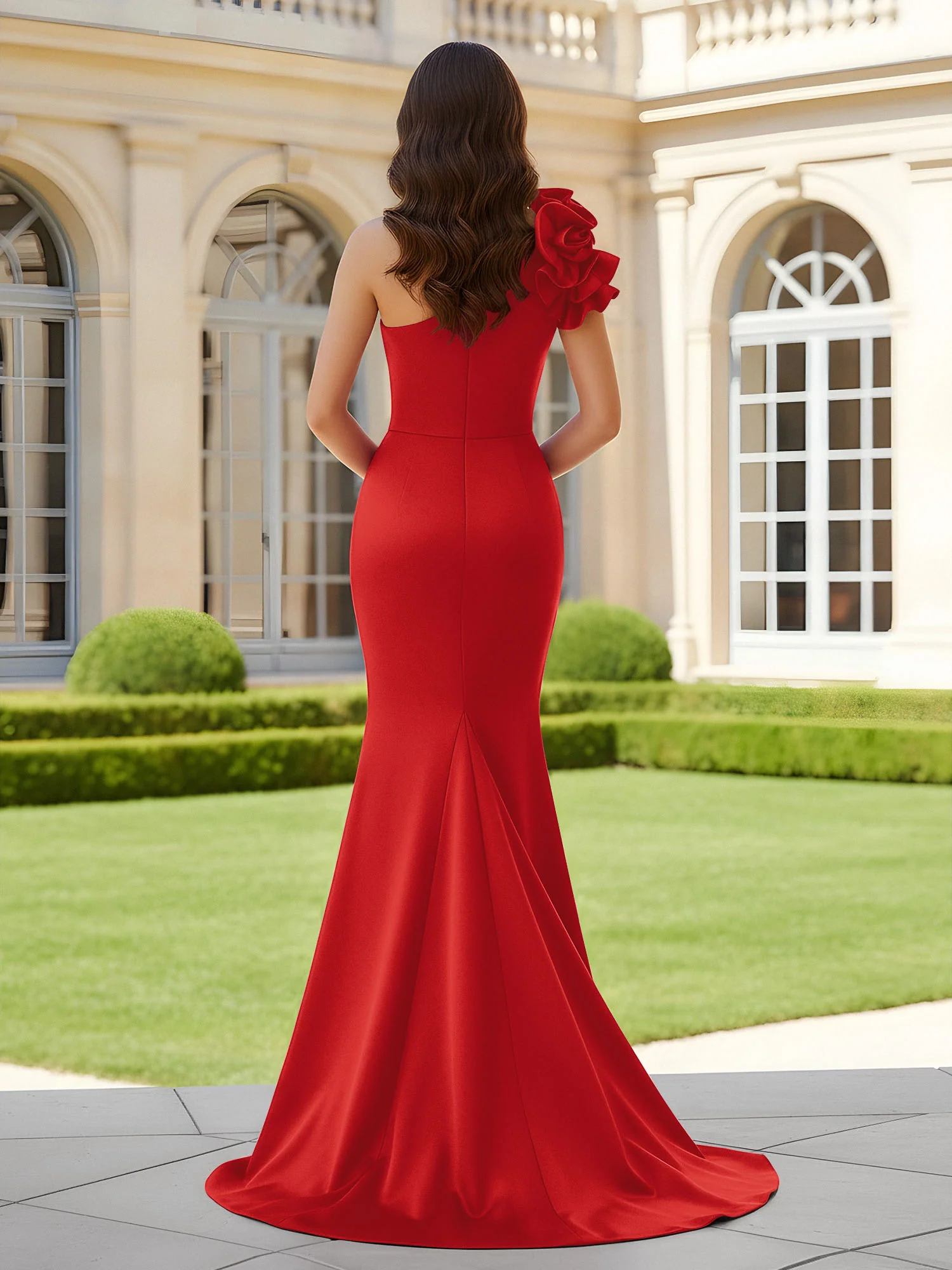 Flower One Shoulder Pleated Mermaid Dress With Slit Red - Image 2