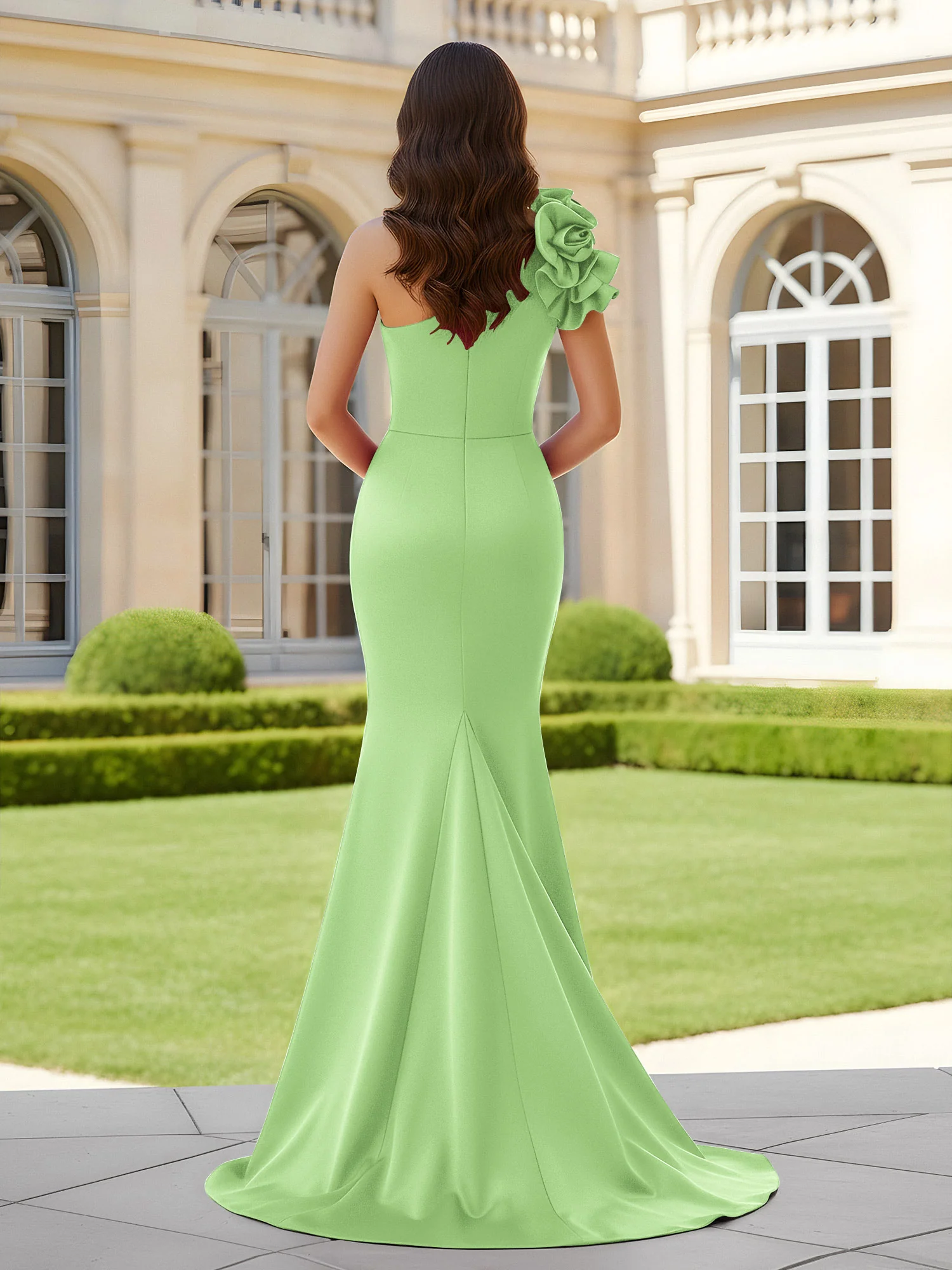 Flower One Shoulder Pleated Mermaid Dress With Slit Sage - Image 2