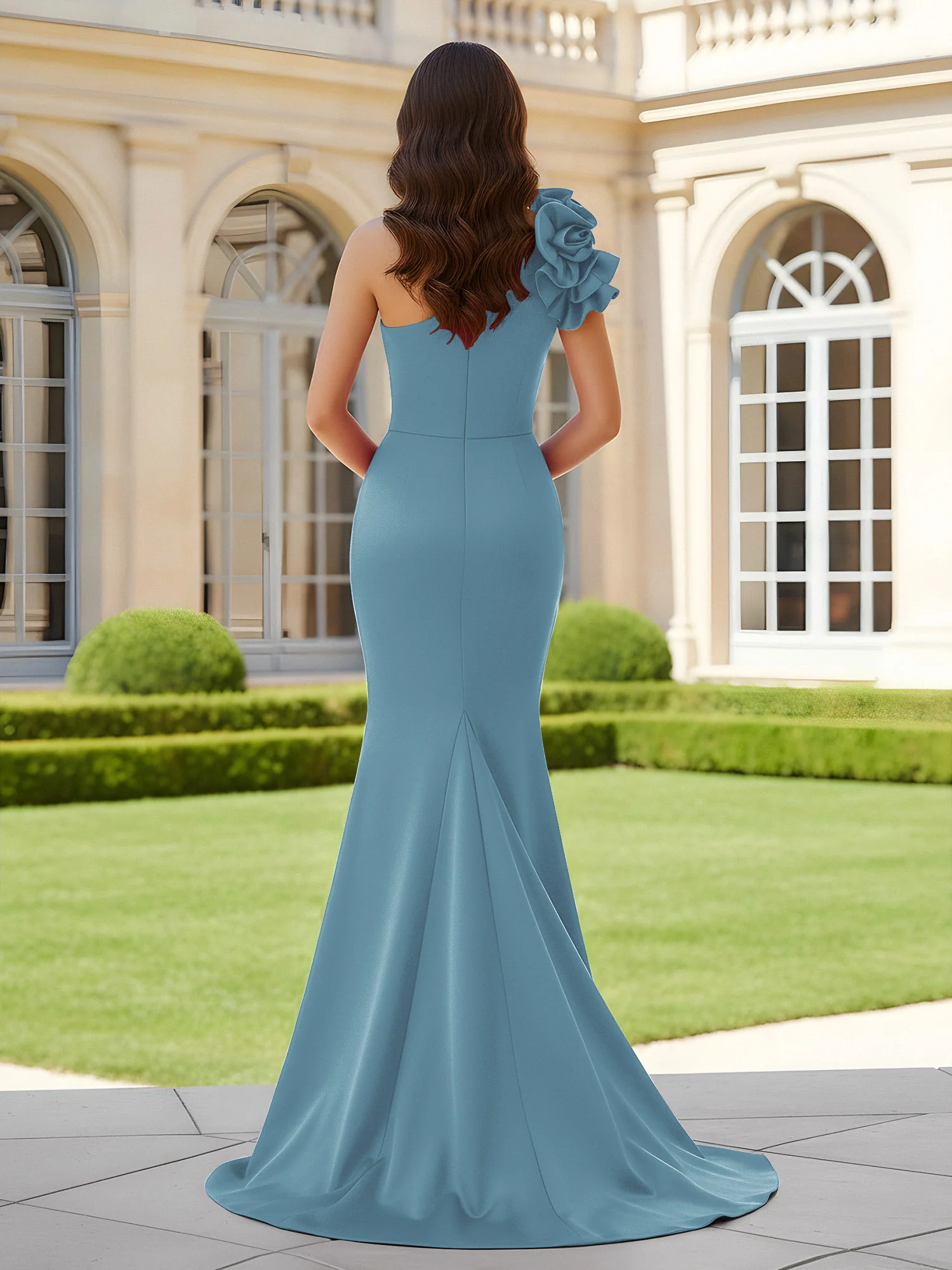 Flower One Shoulder Pleated Mermaid Dress With Slit Slate Blue - Image 2