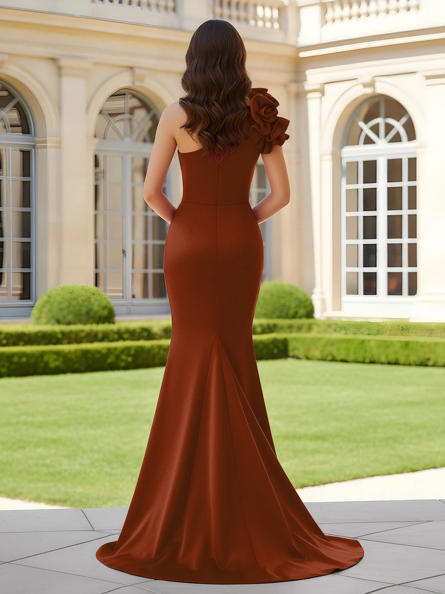 Flower One Shoulder Pleated Mermaid Dress With Slit Terracotta - Image 2