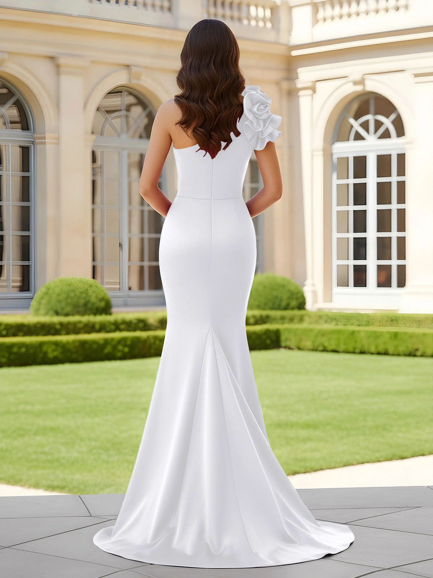 Flower One Shoulder Pleated Mermaid Dress With Slit White - Image 2