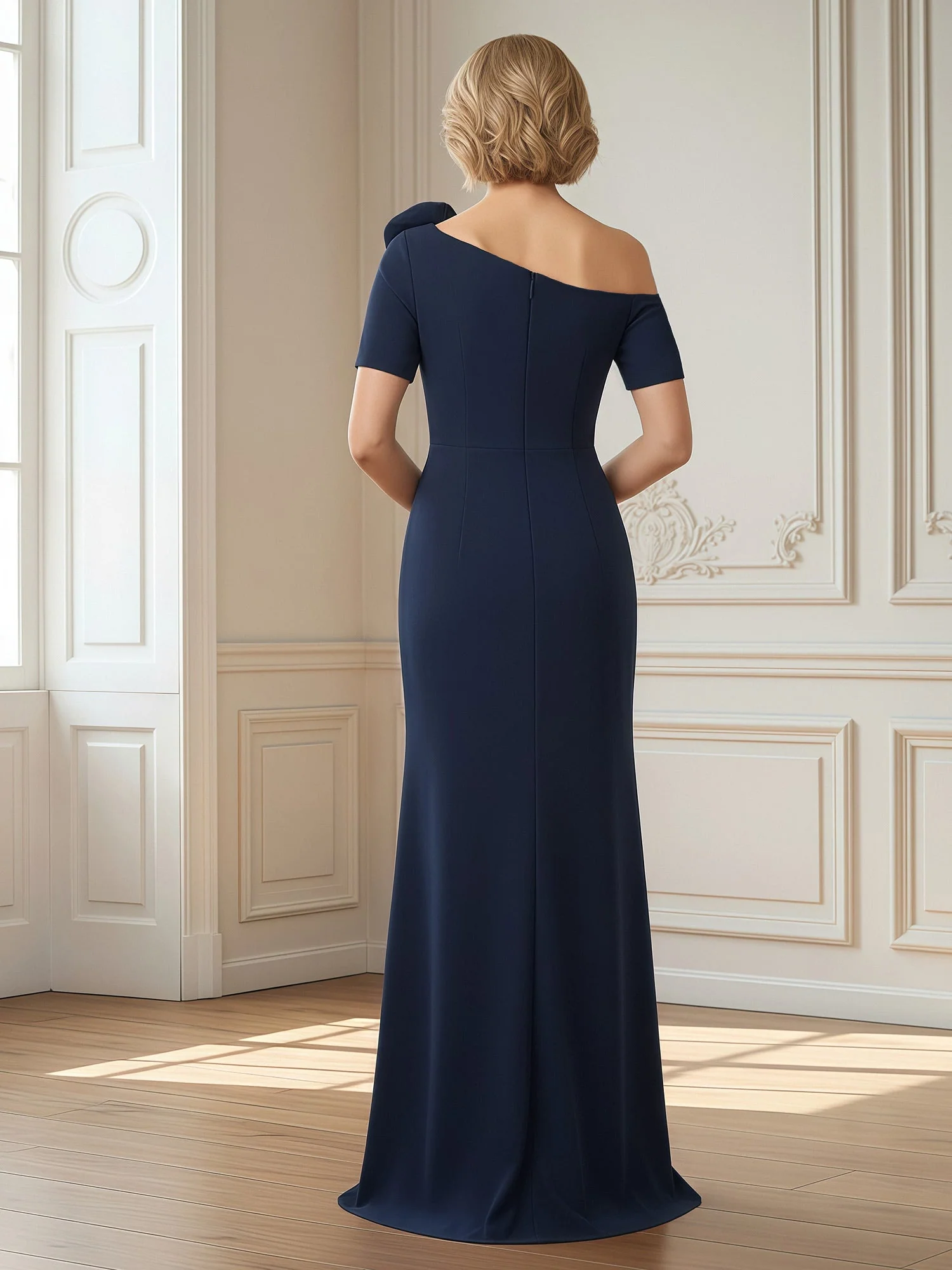 Flower One Shoulder Short Sleeves Bodycon Slit Dress Ink Blue - Image 2