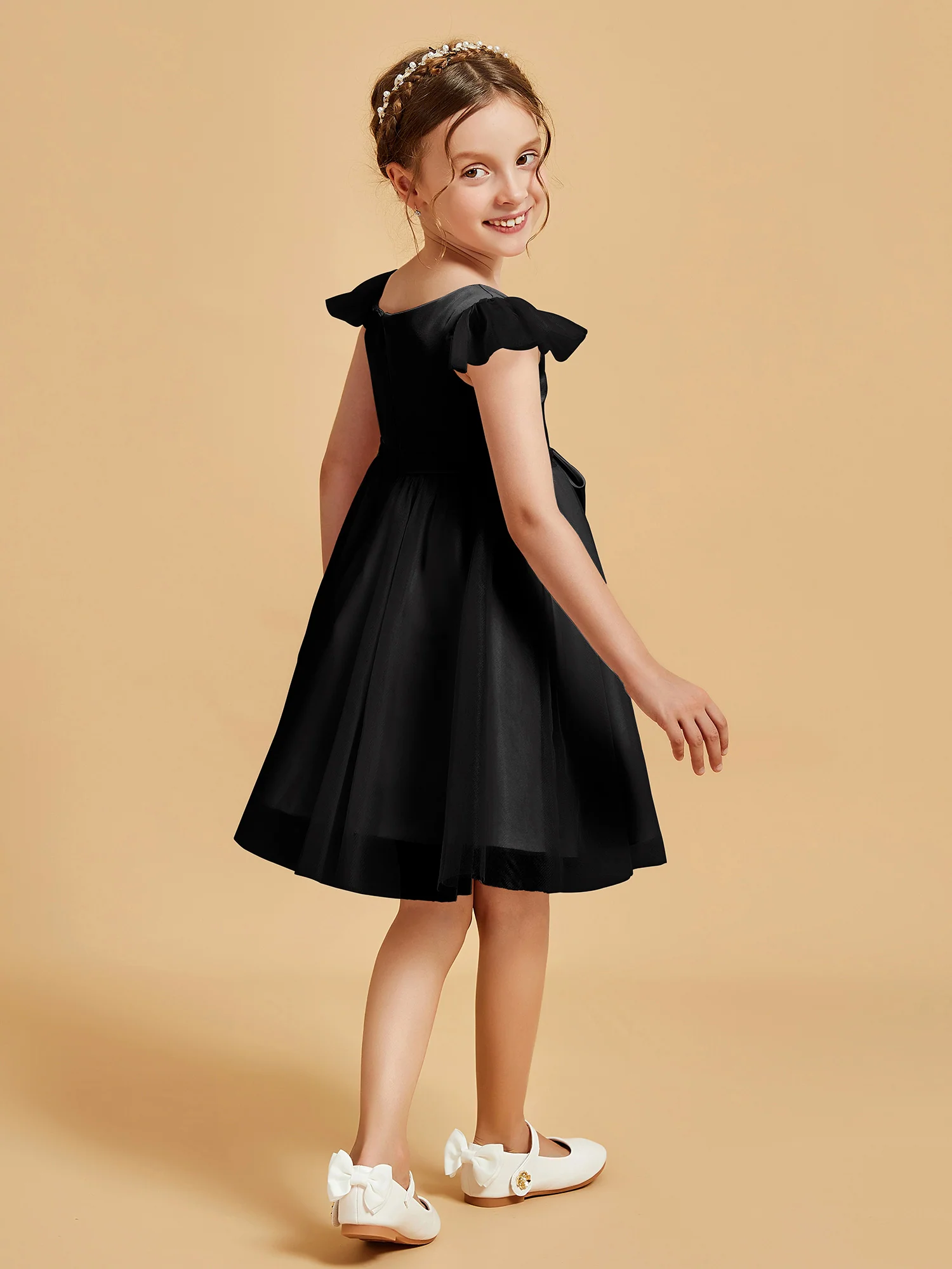 Flutter Sleeve Girl's Short Dress With Bow Black - Image 2