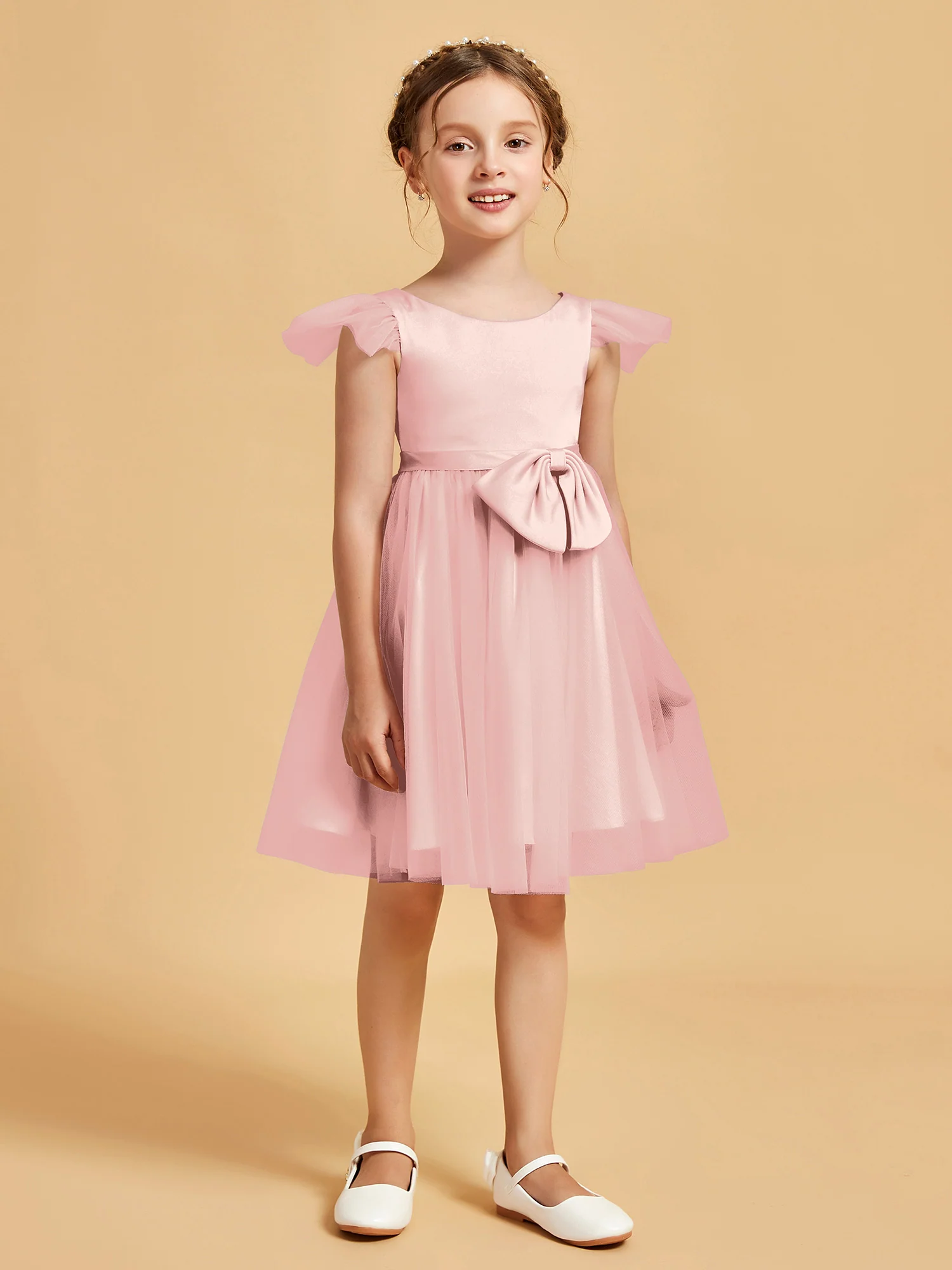 Flutter Sleeve Girl's Short Dress With Bow Blushing Pink