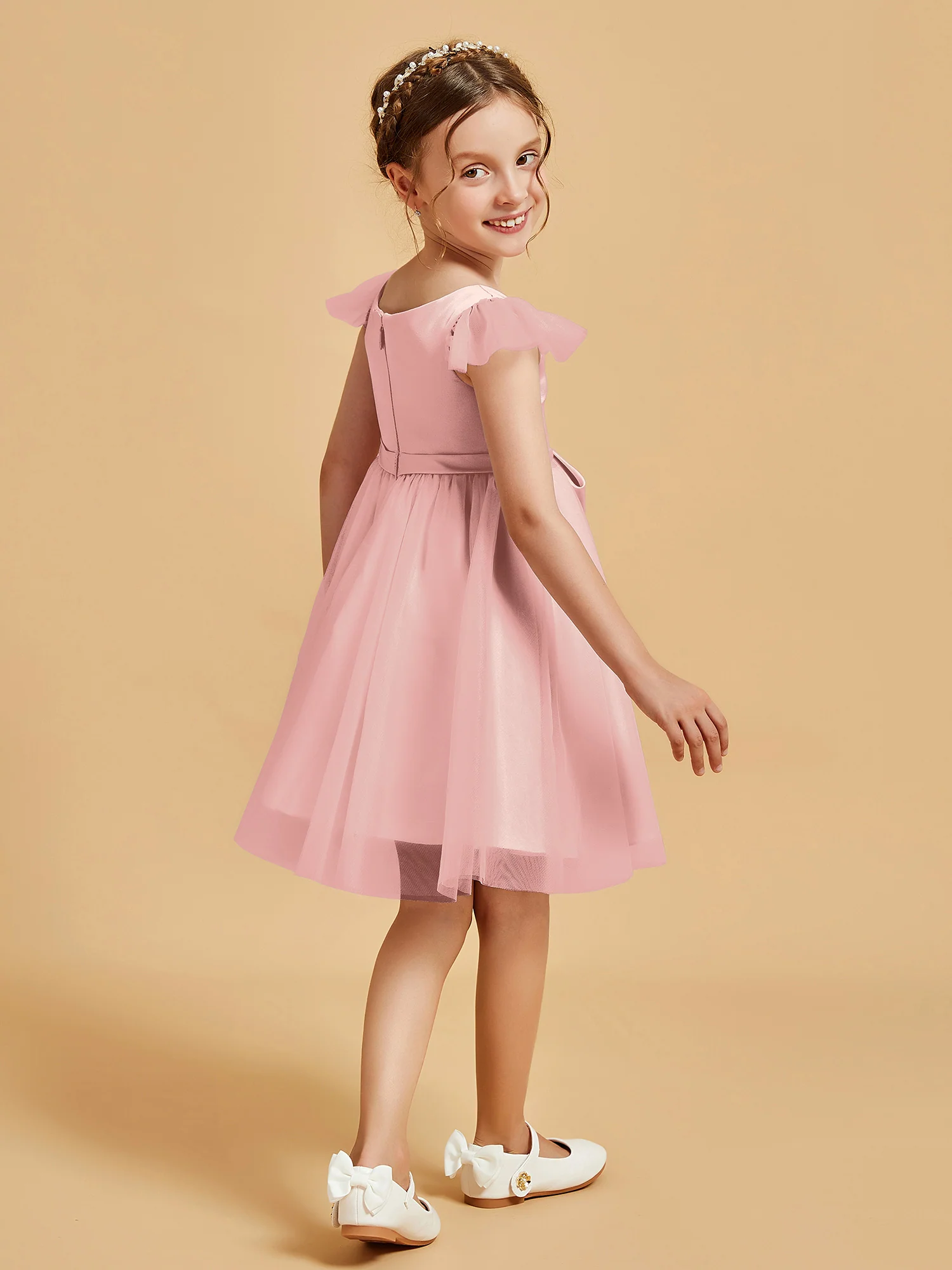 Flutter Sleeve Girl's Short Dress With Bow Blushing Pink - Image 2