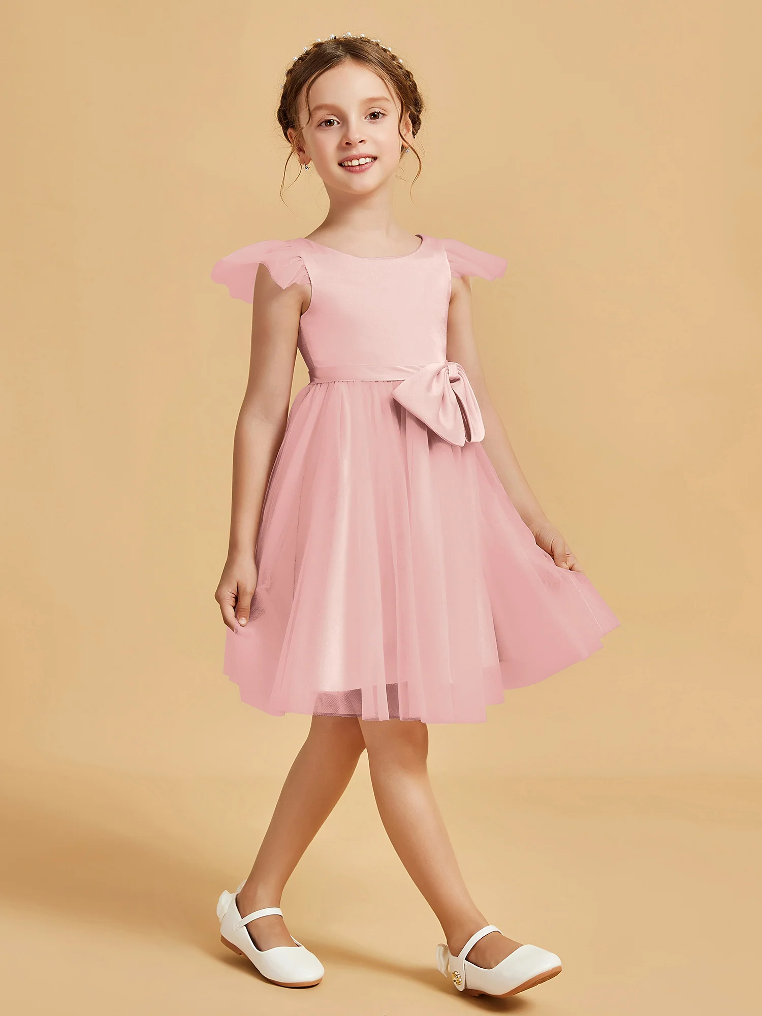 Flutter Sleeve Girl's Short Dress With Bow Blushing Pink - Image 3