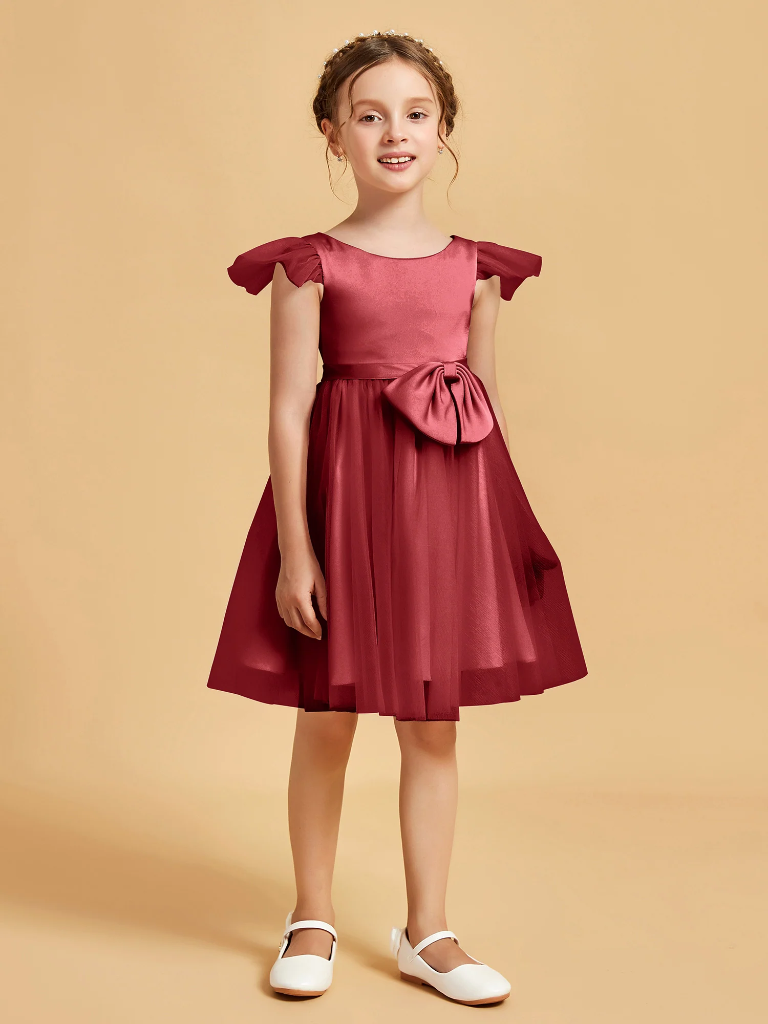 Flutter Sleeve Girl's Short Dress With Bow Burgundy