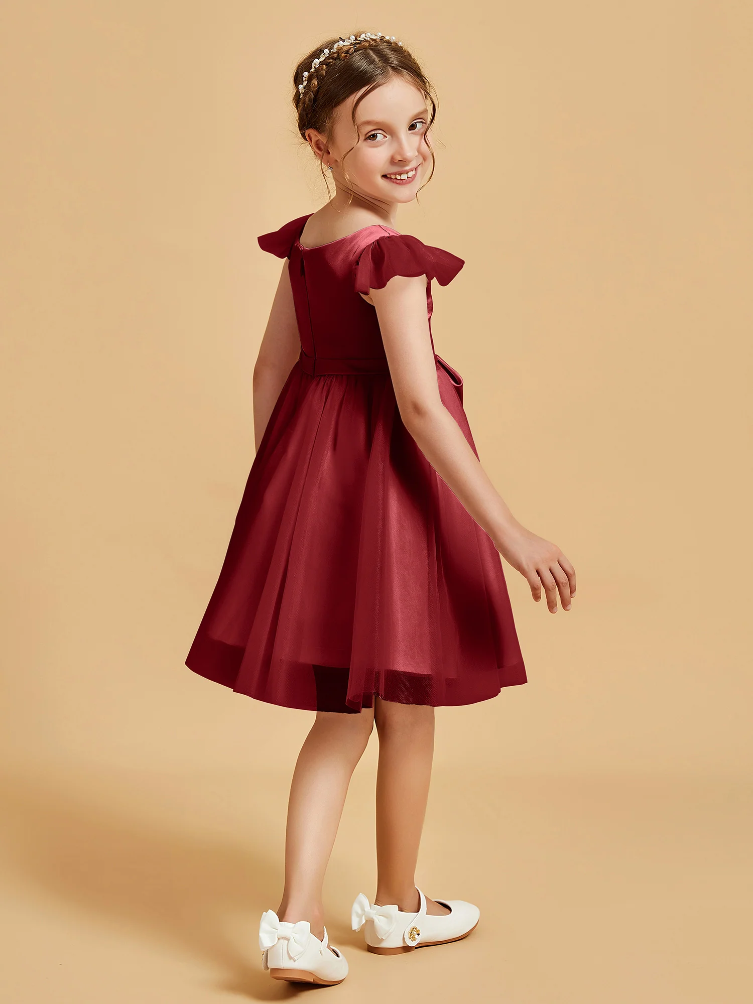 Flutter Sleeve Girl's Short Dress With Bow Burgundy - Image 2