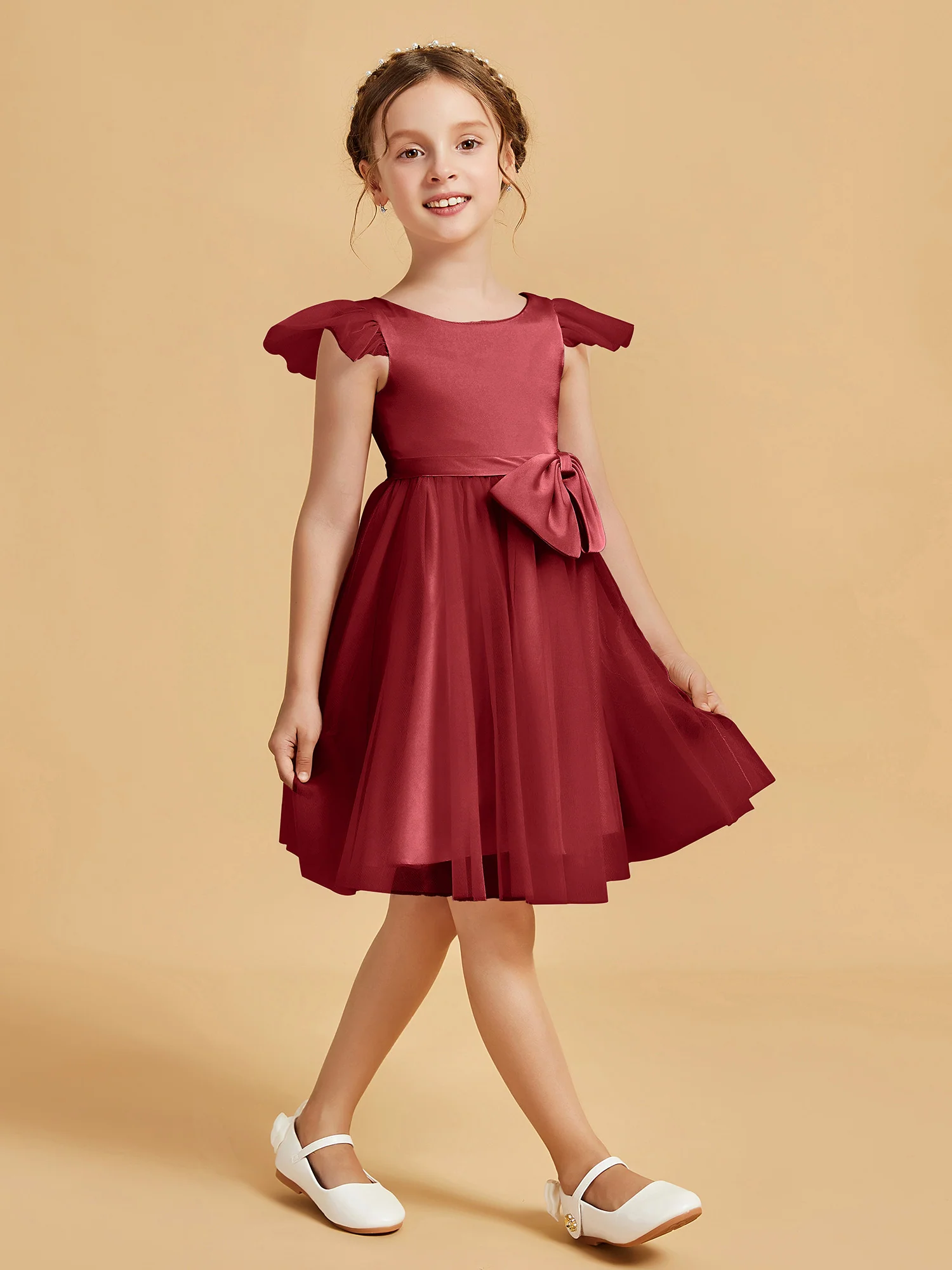Flutter Sleeve Girl's Short Dress With Bow Burgundy - Image 3