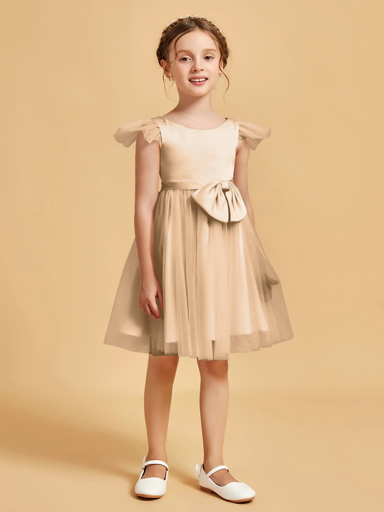Flutter Sleeve Girl's Short Dress With Bow Champagne
