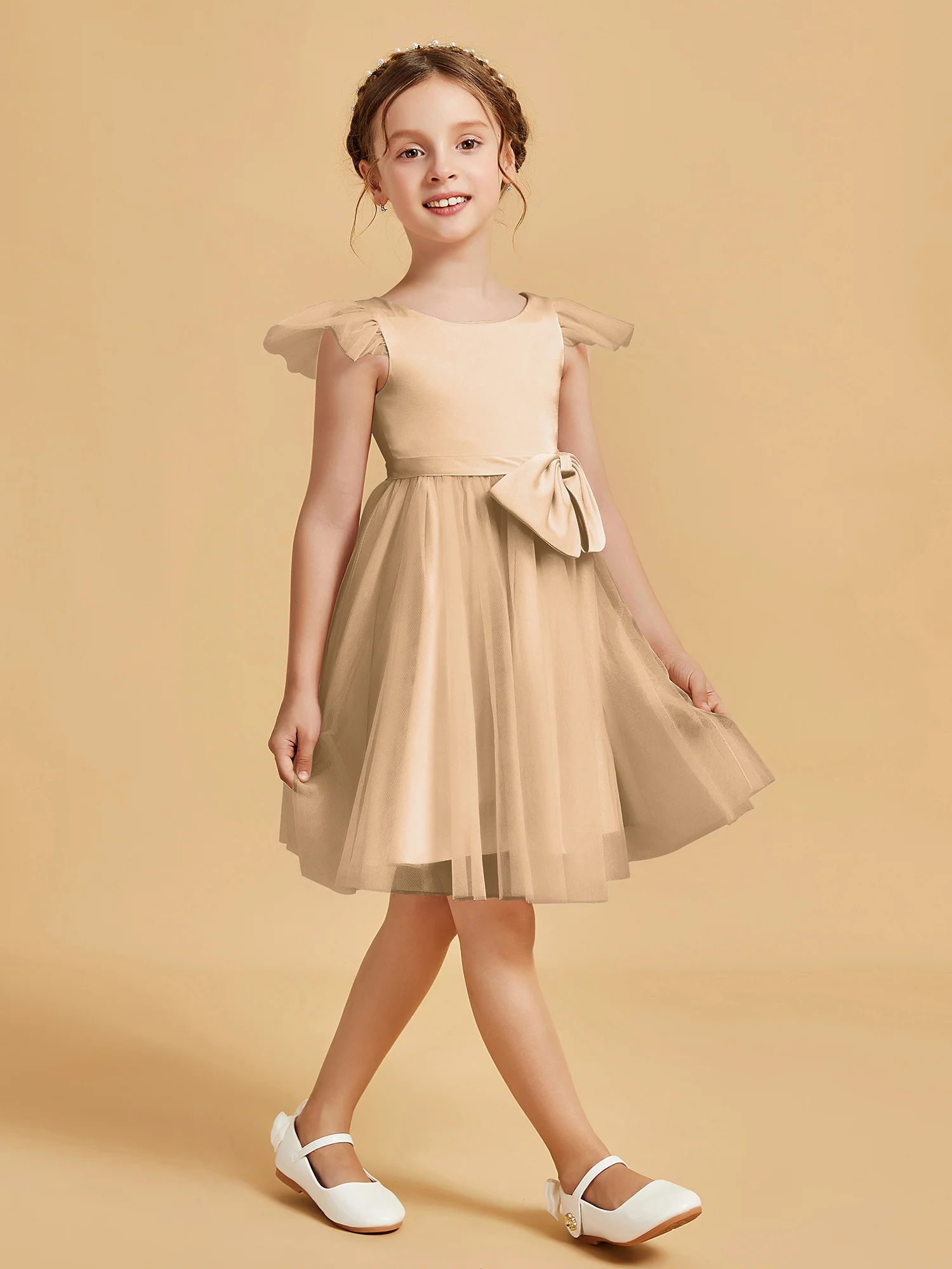Flutter Sleeve Girl's Short Dress With Bow Champagne - Image 3