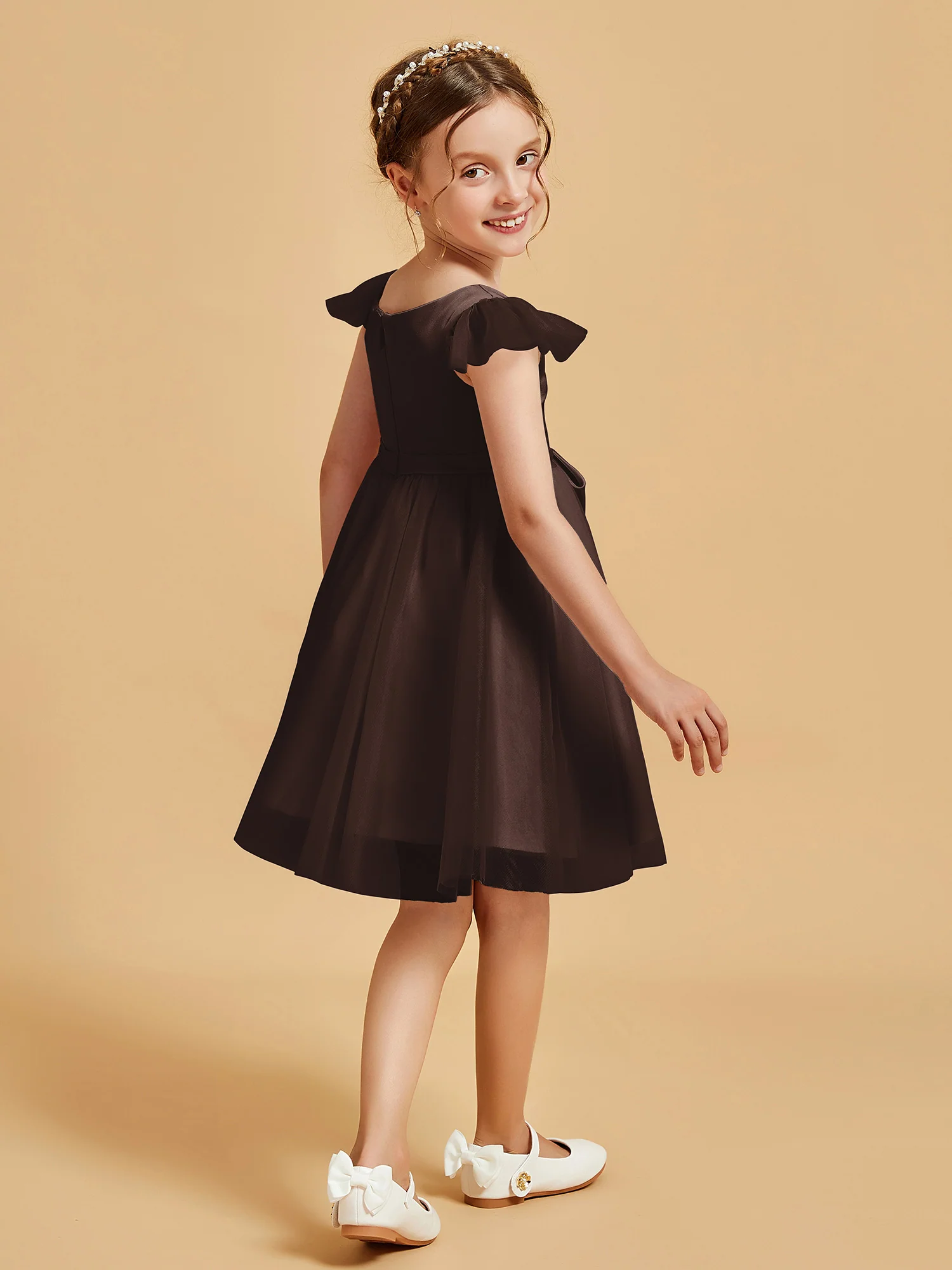 Flutter Sleeve Girl's Short Dress With Bow Chocolate - Image 2