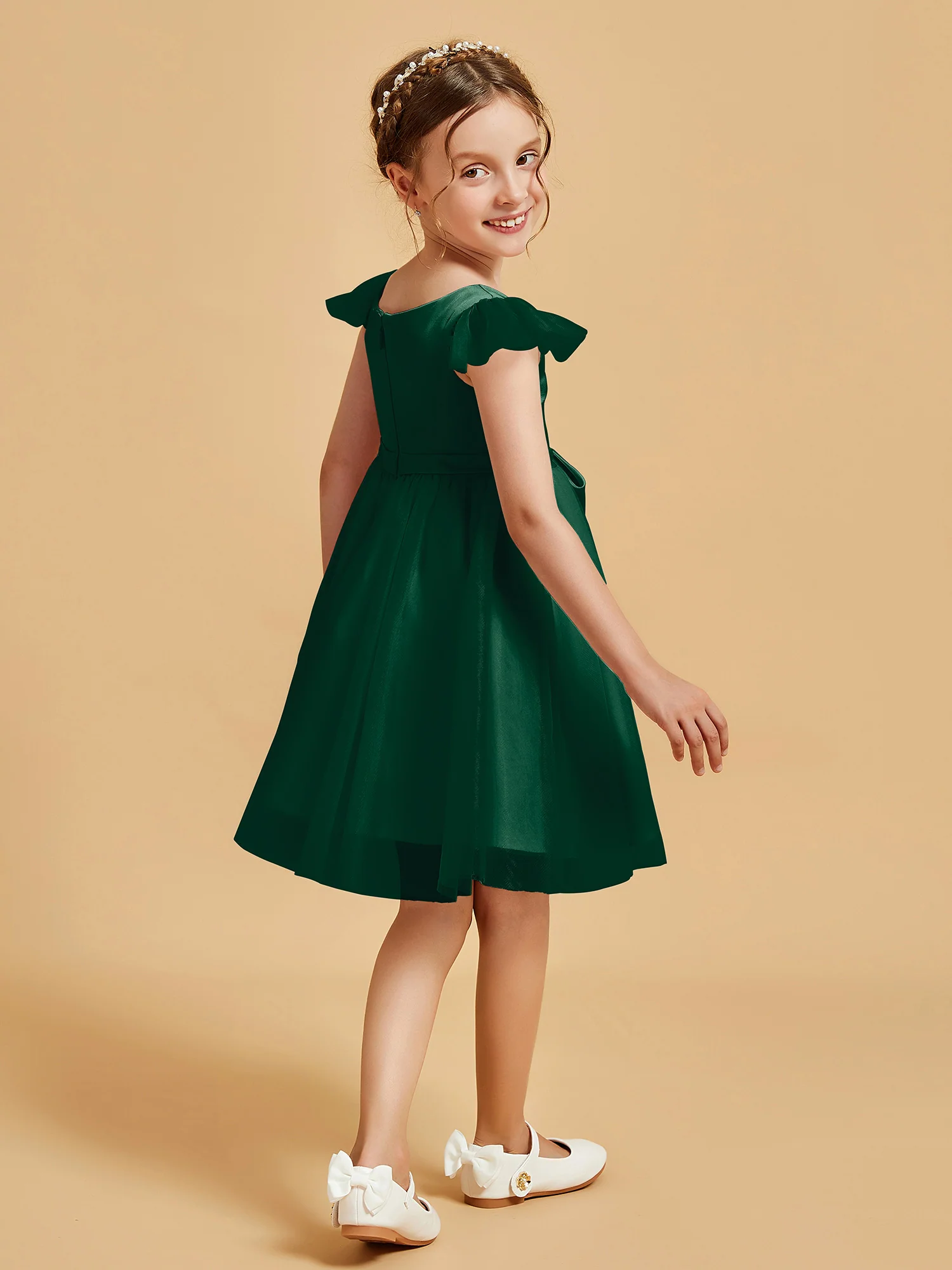 Flutter Sleeve Girl's Short Dress With Bow Dark Green - Image 2