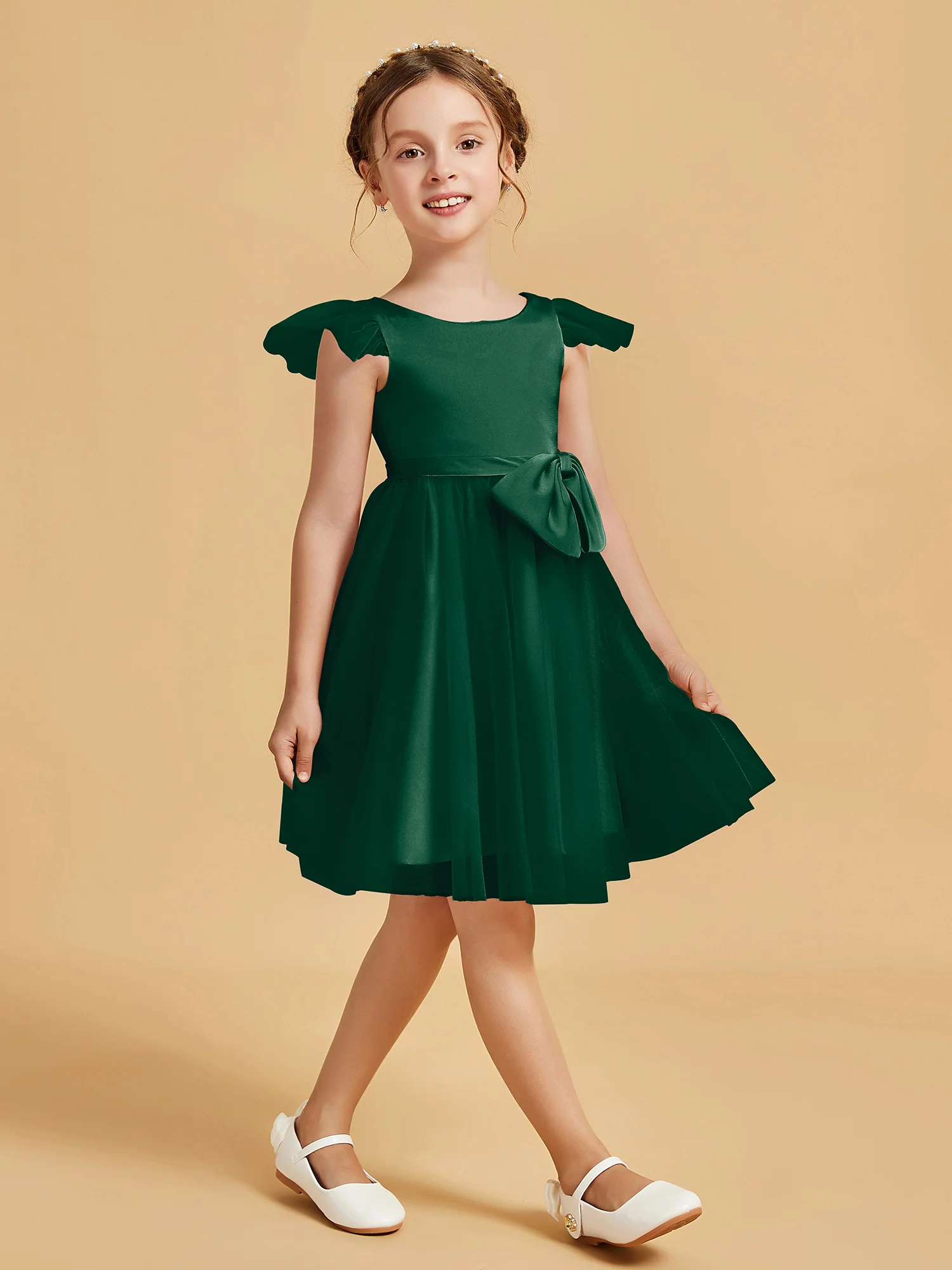 Flutter Sleeve Girl's Short Dress With Bow Dark Green - Image 3