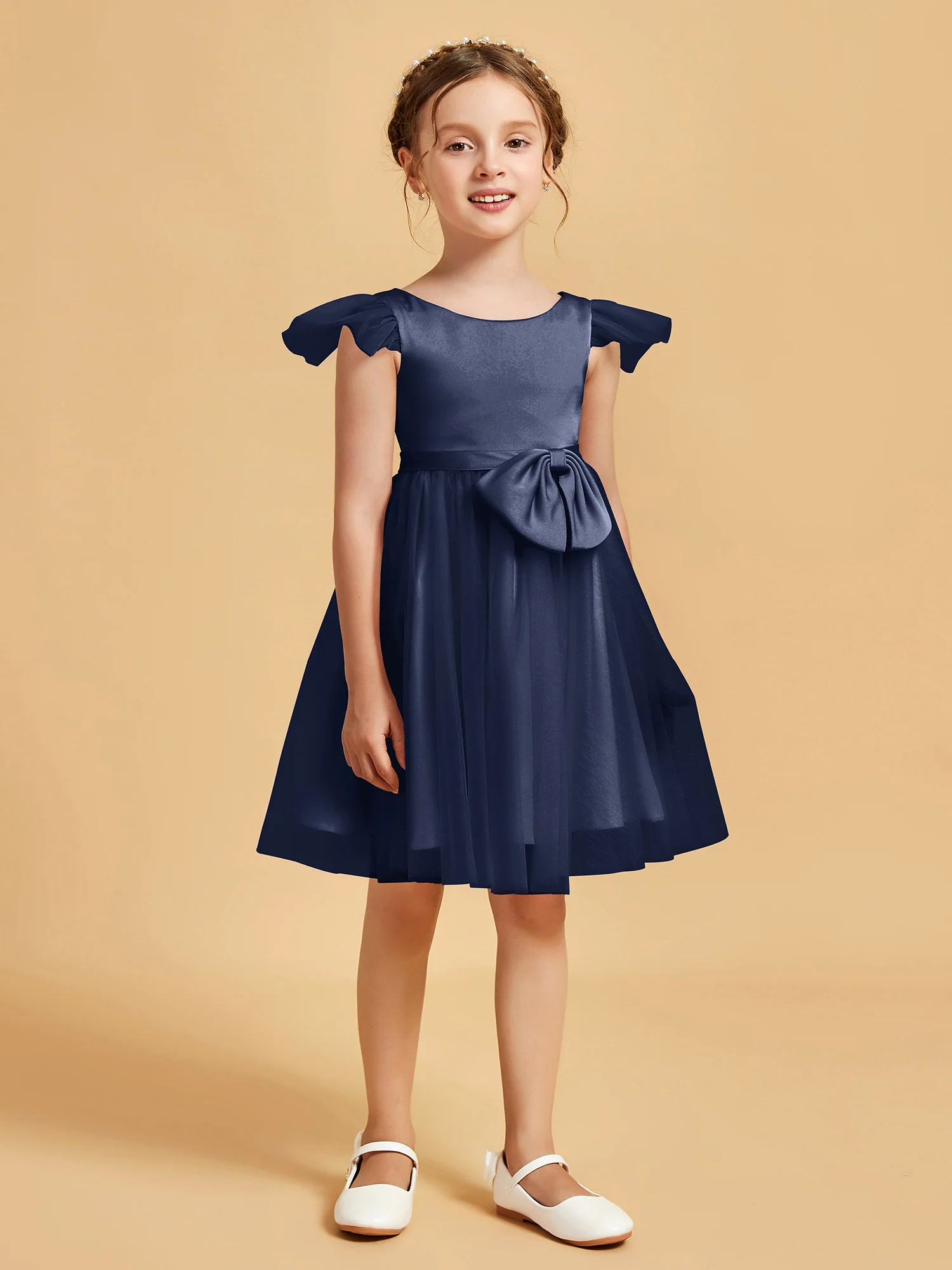 Flutter Sleeve Girl's Short Dress With Bow Dark Navy