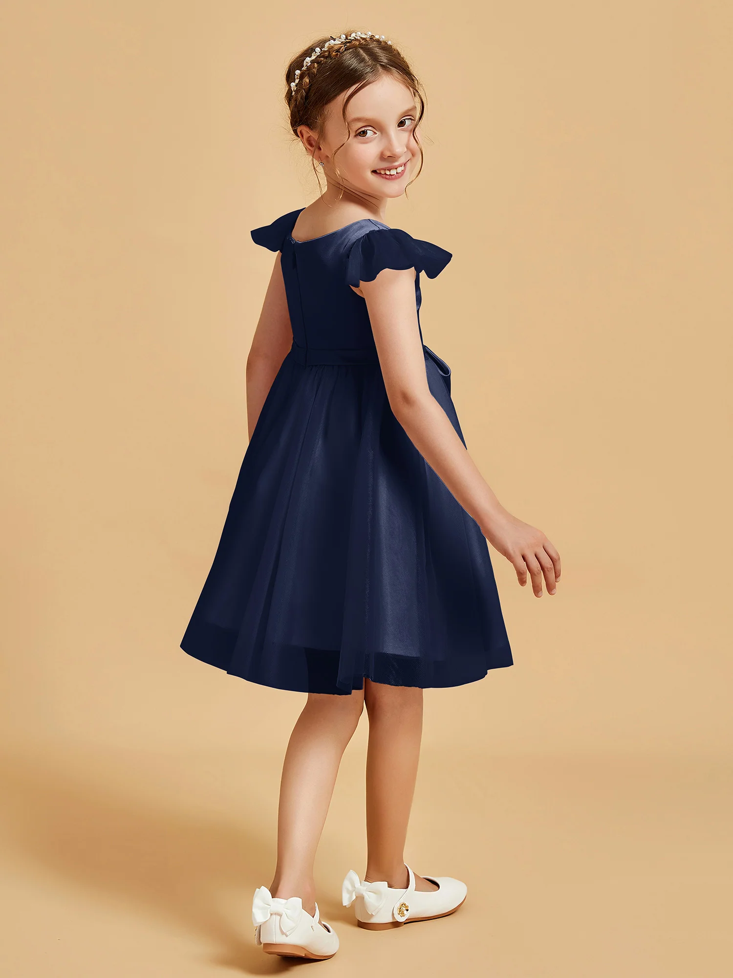 Flutter Sleeve Girl's Short Dress With Bow Dark Navy - Image 2
