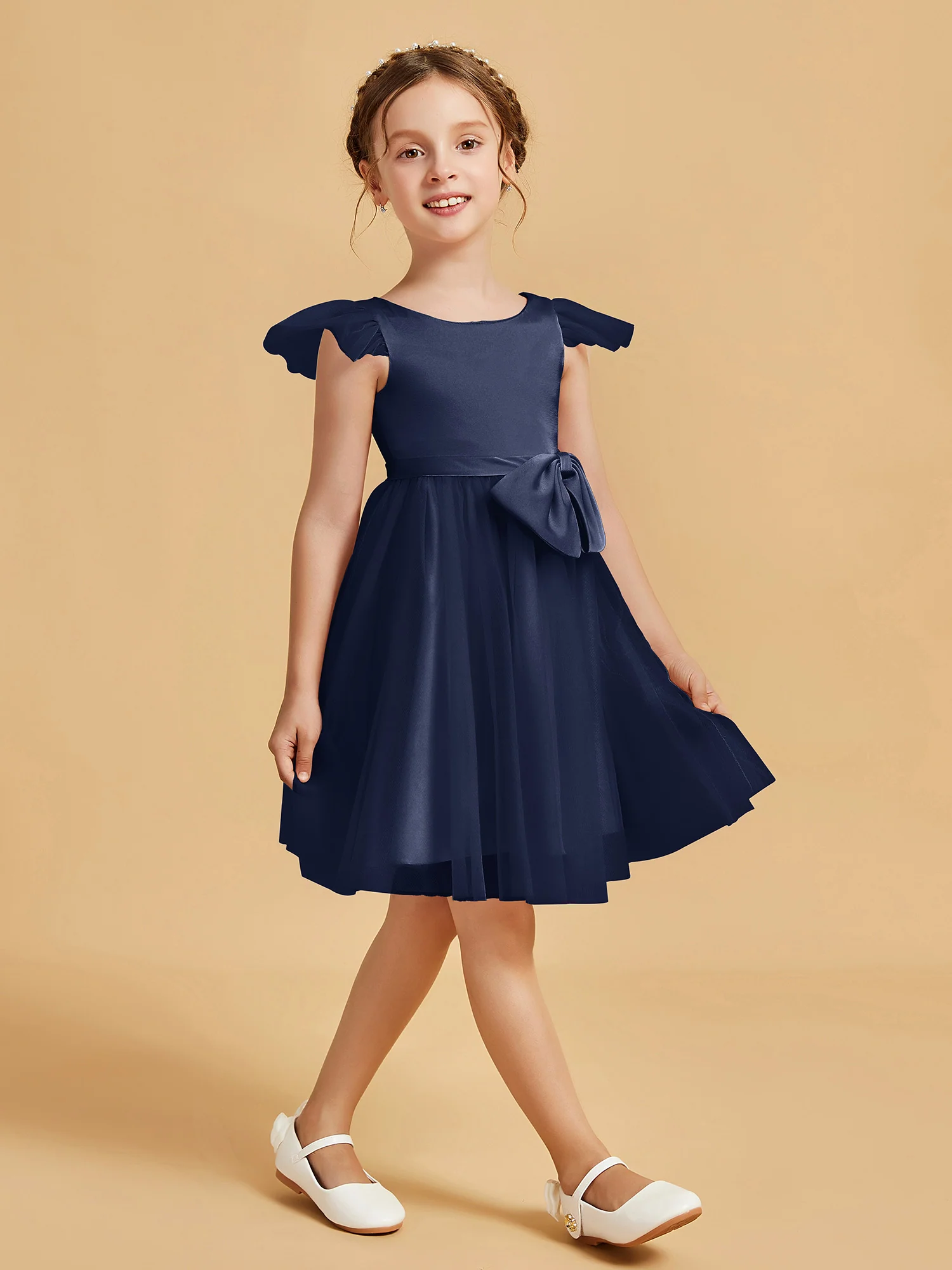 Flutter Sleeve Girl's Short Dress With Bow Dark Navy - Image 3
