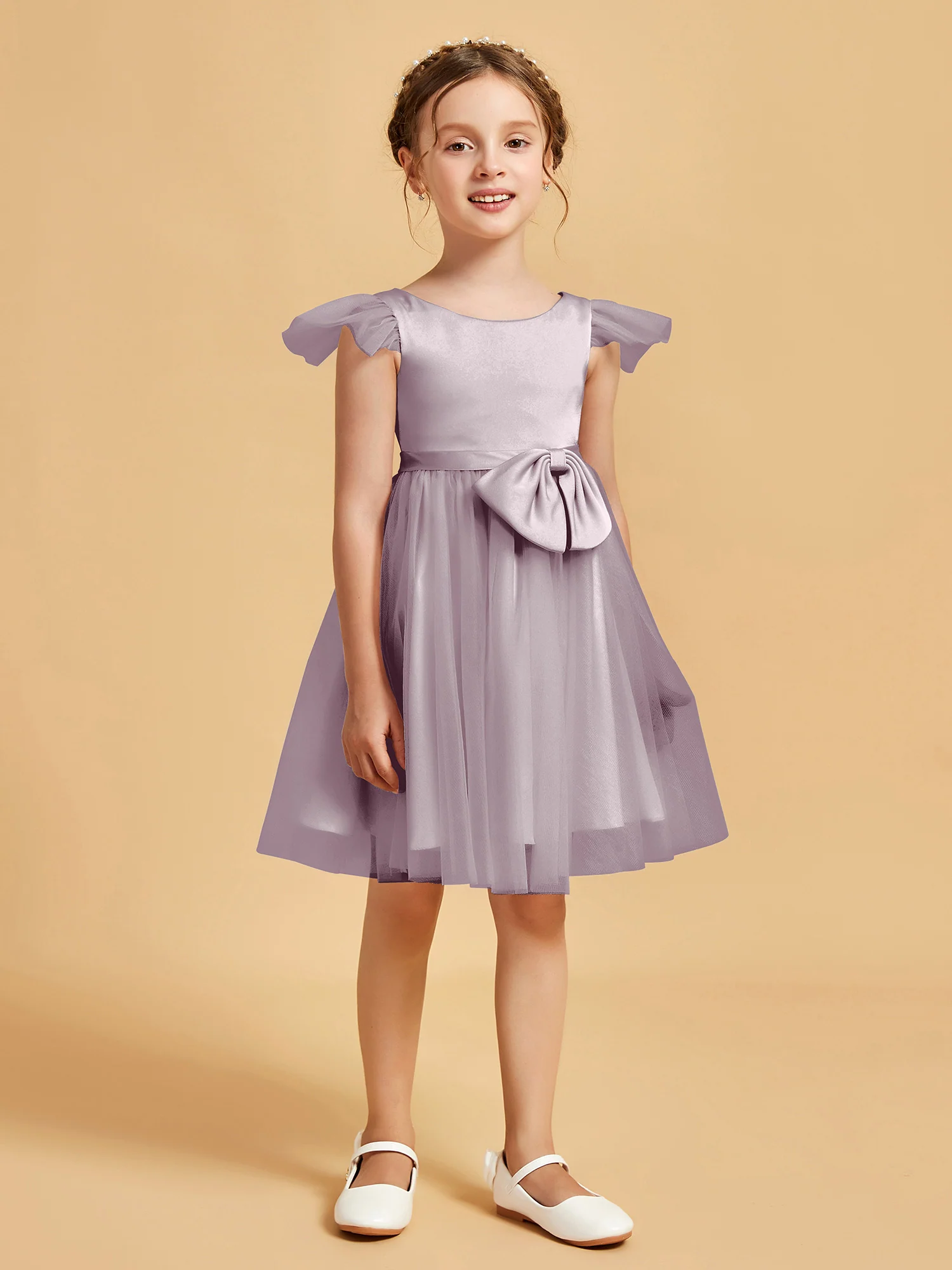 Flutter Sleeve Girl's Short Dress With Bow Dusk
