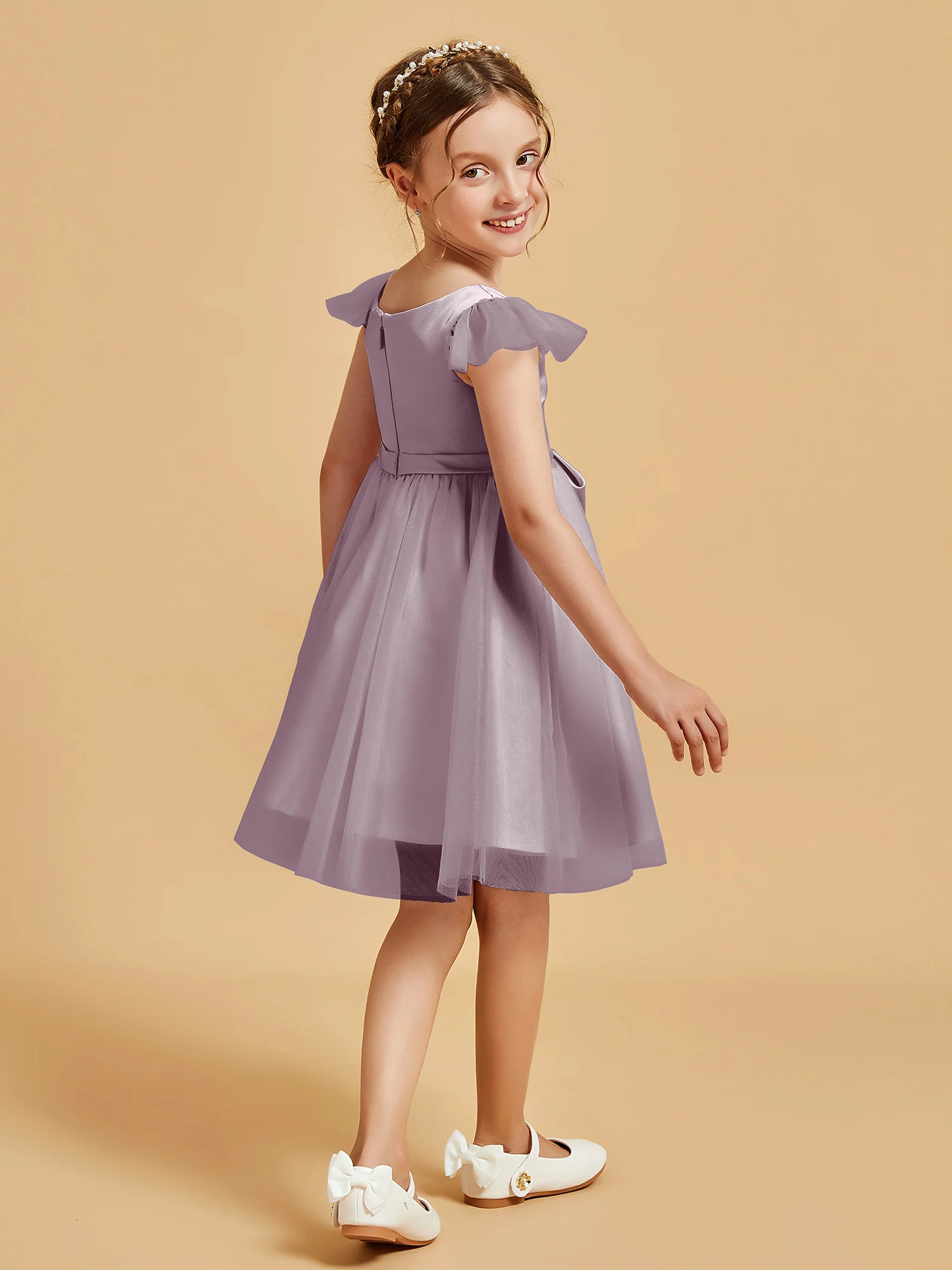 Flutter Sleeve Girl's Short Dress With Bow Dusk - Image 2