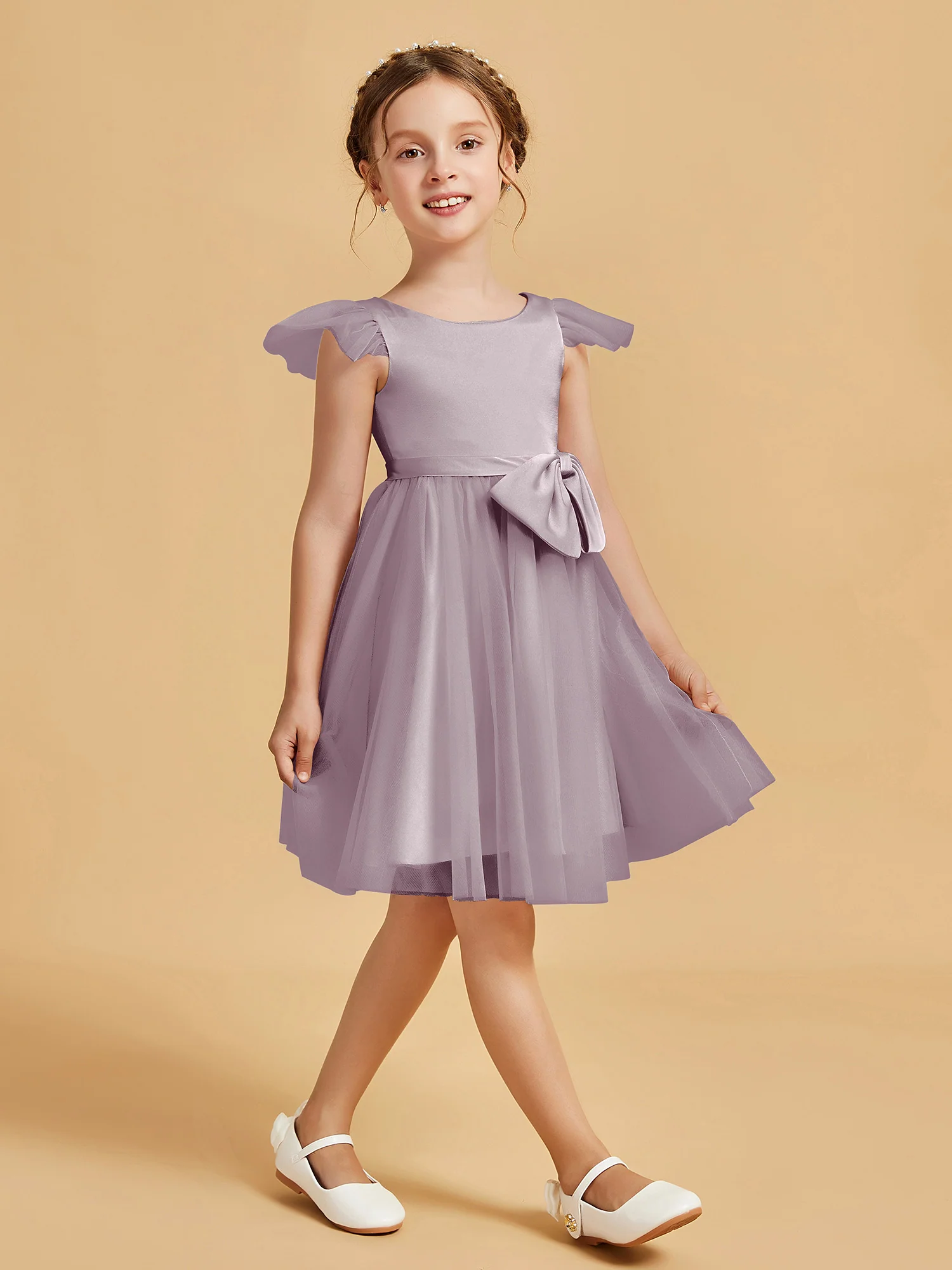 Flutter Sleeve Girl's Short Dress With Bow Dusk - Image 3