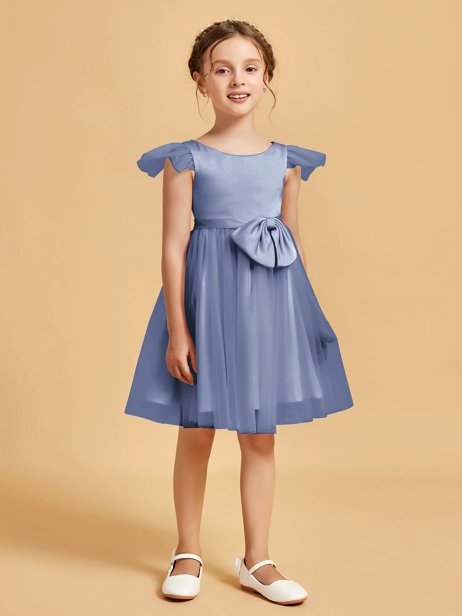 Flutter Sleeve Girl's Short Dress With Bow Dusty Blue