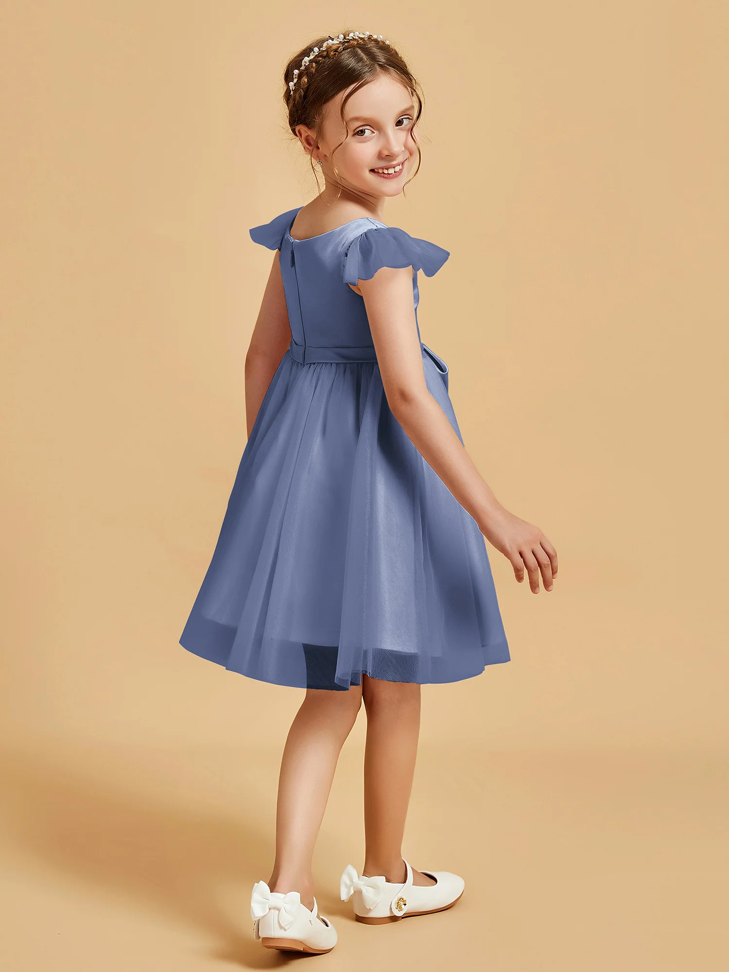 Flutter Sleeve Girl's Short Dress With Bow Dusty Blue - Image 2