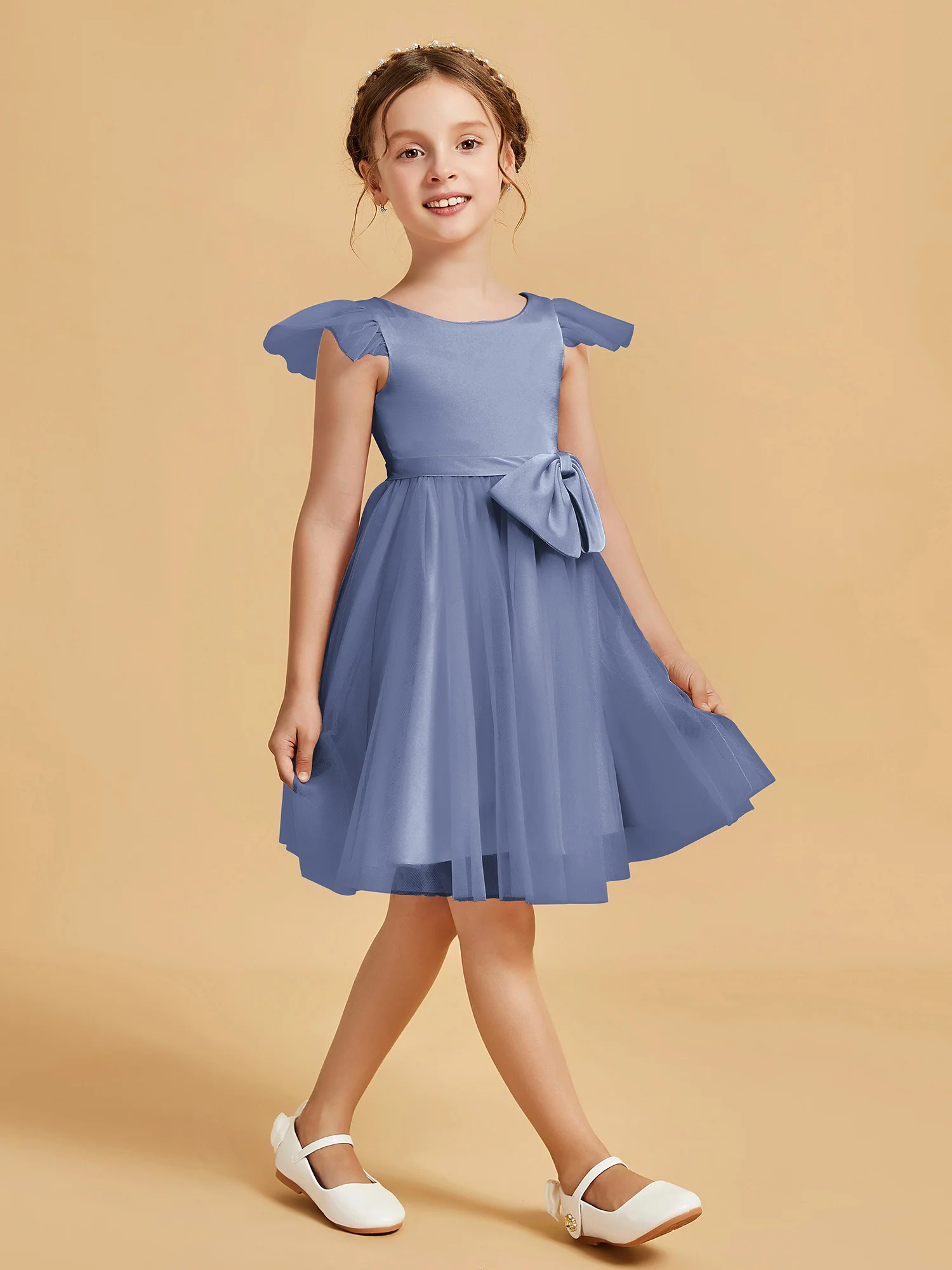 Flutter Sleeve Girl's Short Dress With Bow Dusty Blue - Image 3