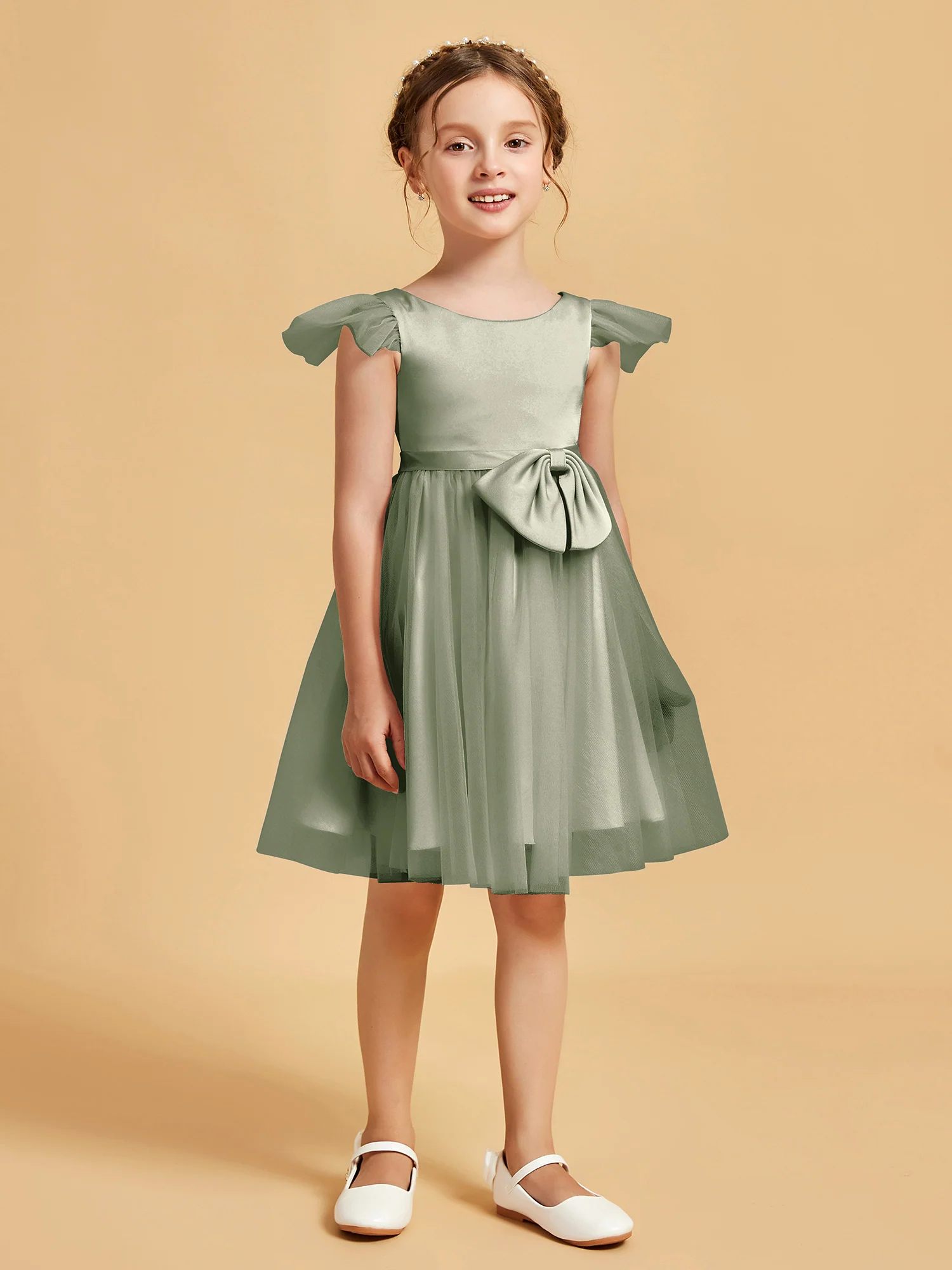 Flutter Sleeve Girl's Short Dress With Bow Dusty Sage